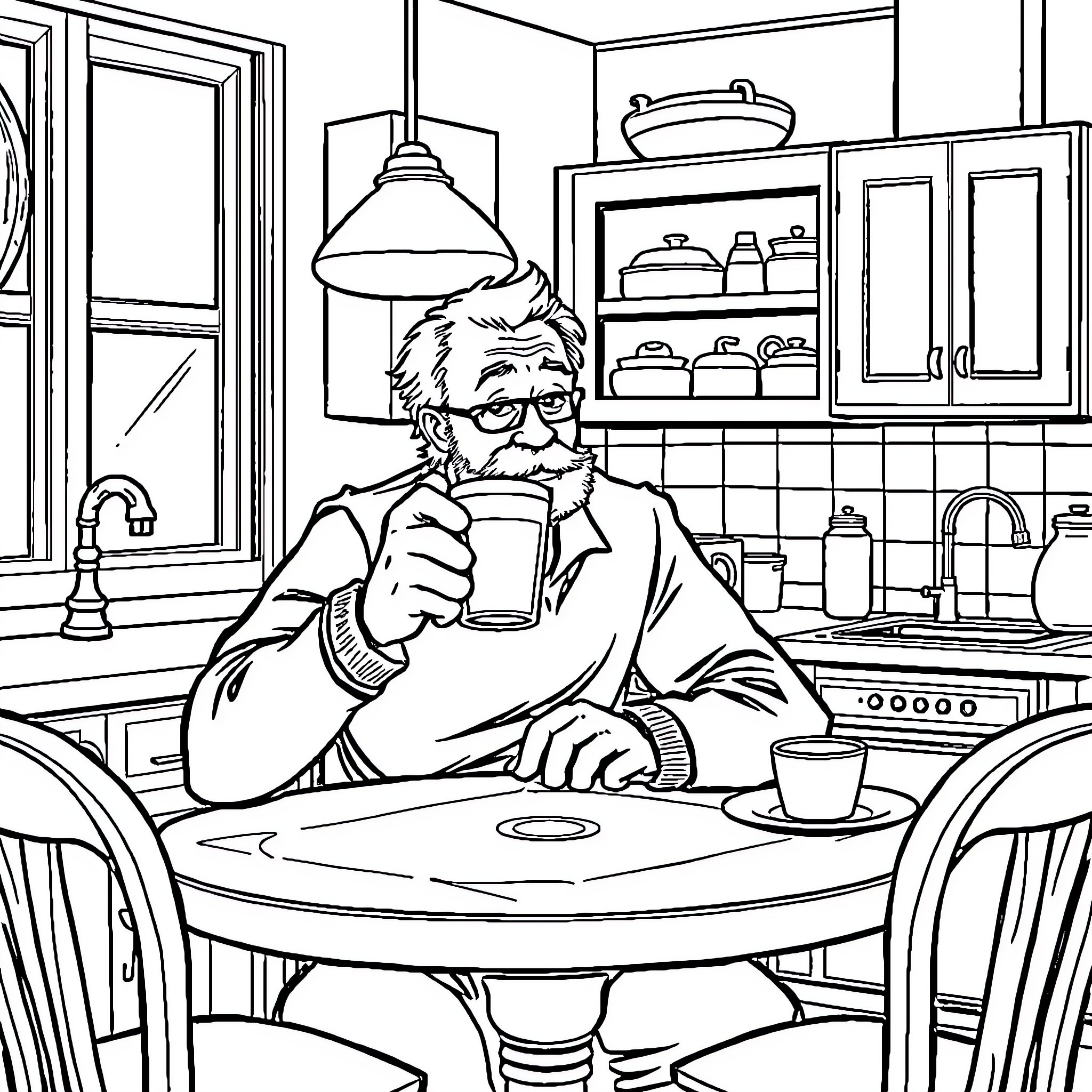 Brother enjoying a warm cup of coffee in the kitchen Coloring Page (free black-and-white line drawing printable PDF for all, from beginners to advanced learners, including children, teens, adults, and seniors)