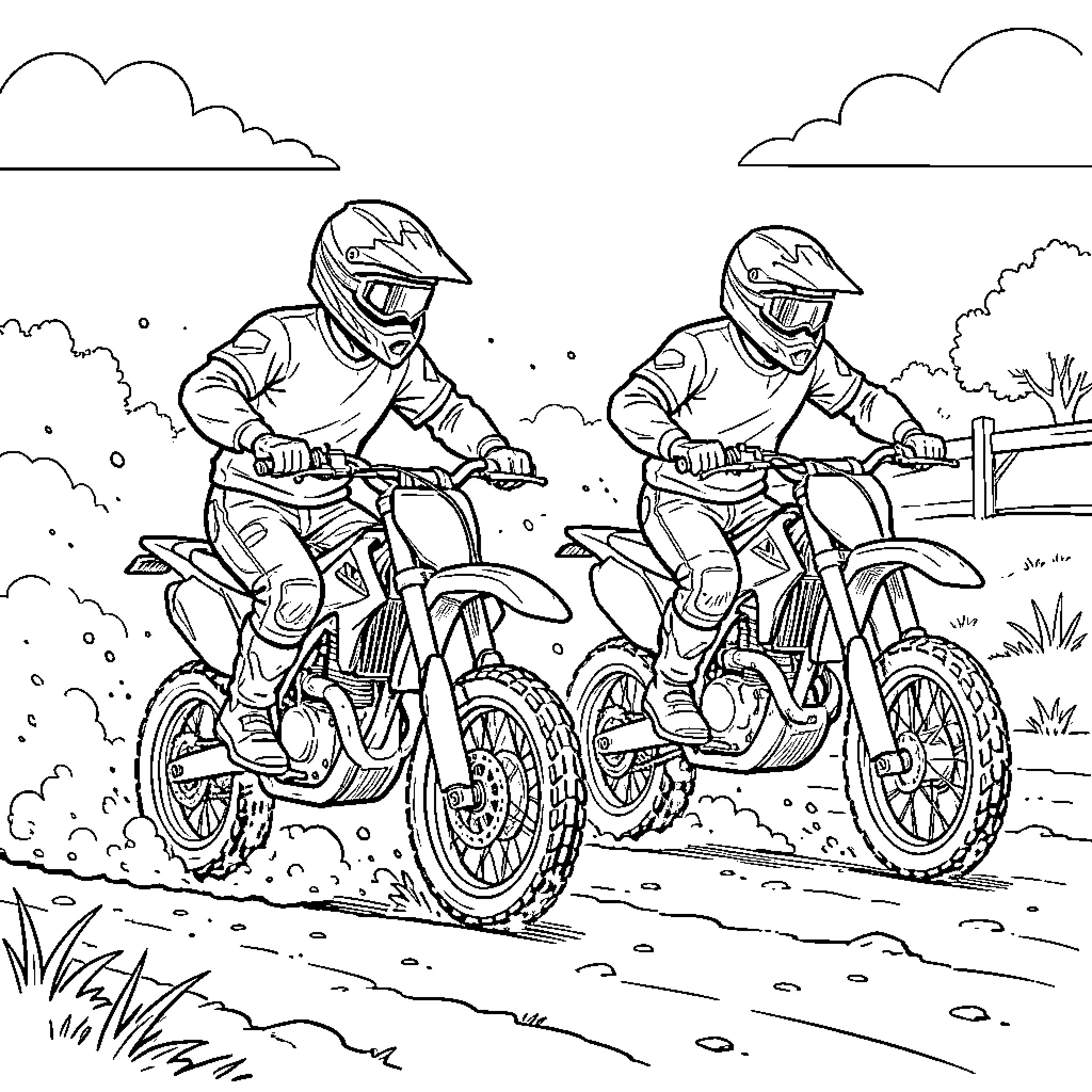 Boys racing dirt bikes on muddy trail Coloring Page (free black-and-white line drawing printable PDF for all, from beginners to advanced learners, including children, teens, adults, and seniors)