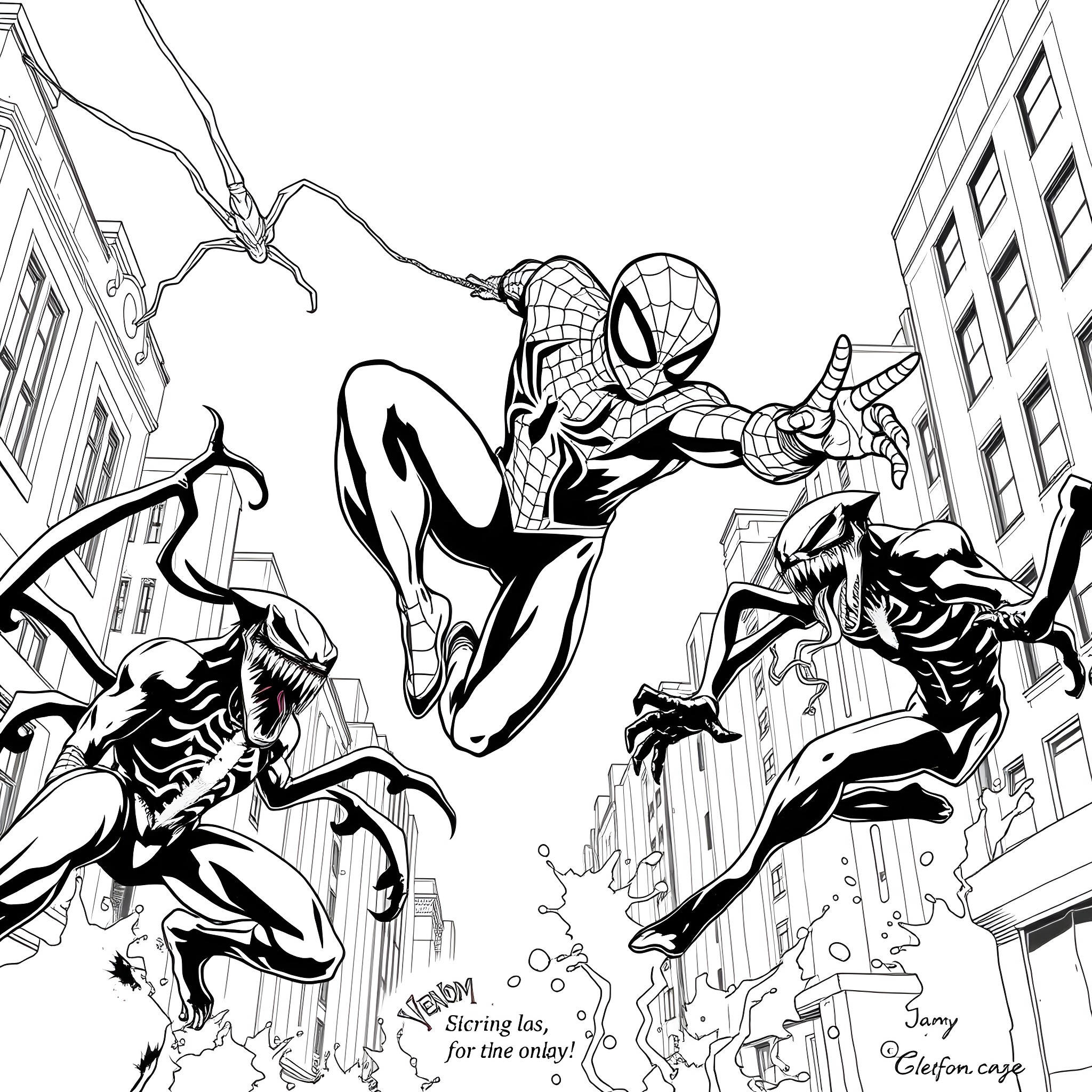 Spiderman heroically swinging through the city against villains Coloring Page (free black-and-white line drawing printable PDF for all, from beginners to advanced learners, including children, teens, adults, and seniors)