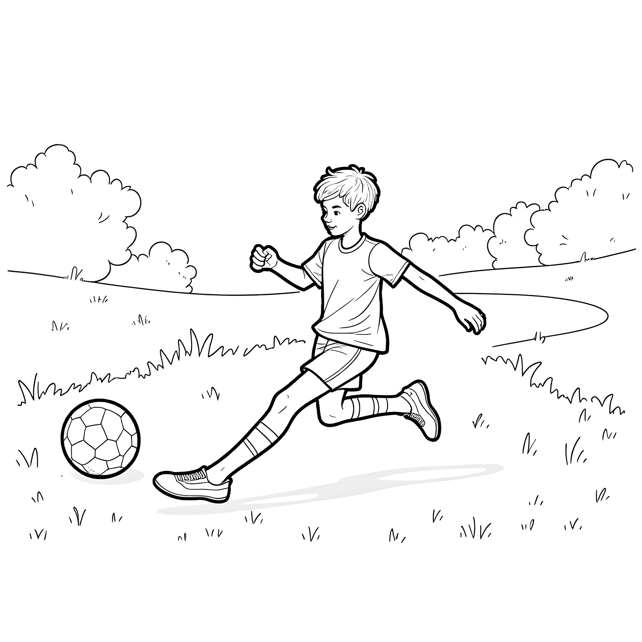 Boy running energetically on the field with a soccer ball Coloring Page (free black-and-white line drawing printable PDF for all, from beginners to advanced learners, including children, teens, adults, and seniors)
