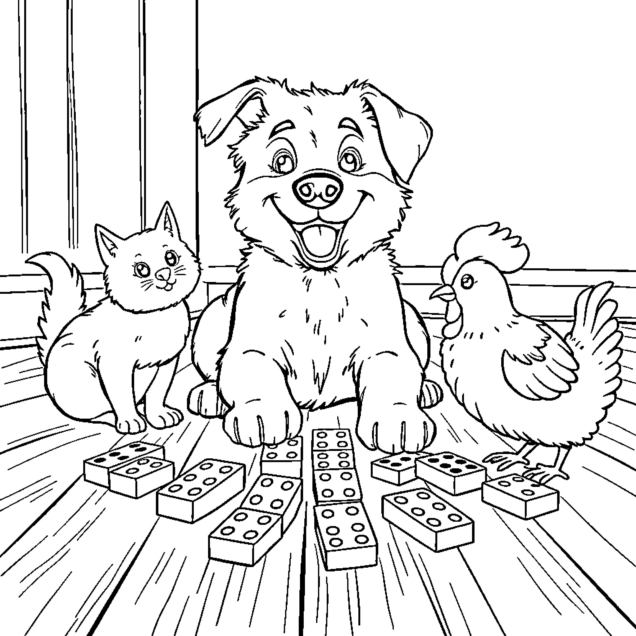 Dog, cat, and chicken playing with building blocks Coloring Page (free black-and-white line drawing printable PDF for all, from beginners to advanced learners, including children, teens, adults, and seniors)