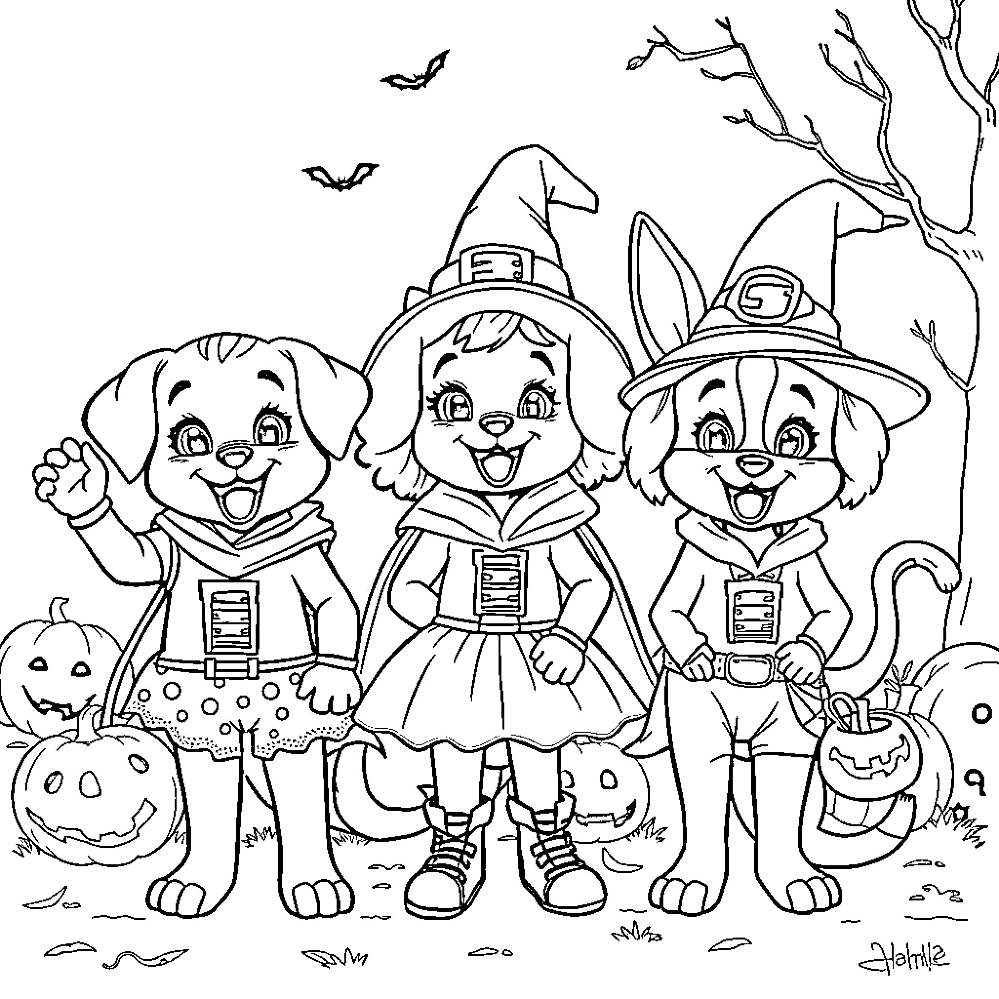 Rumi Color: Trick-or-Treating Pets on Halloween Coloring Page (free black-and-white line drawing printable PDF for all, from beginners to advanced learners, including children, teens, adults, and seniors)