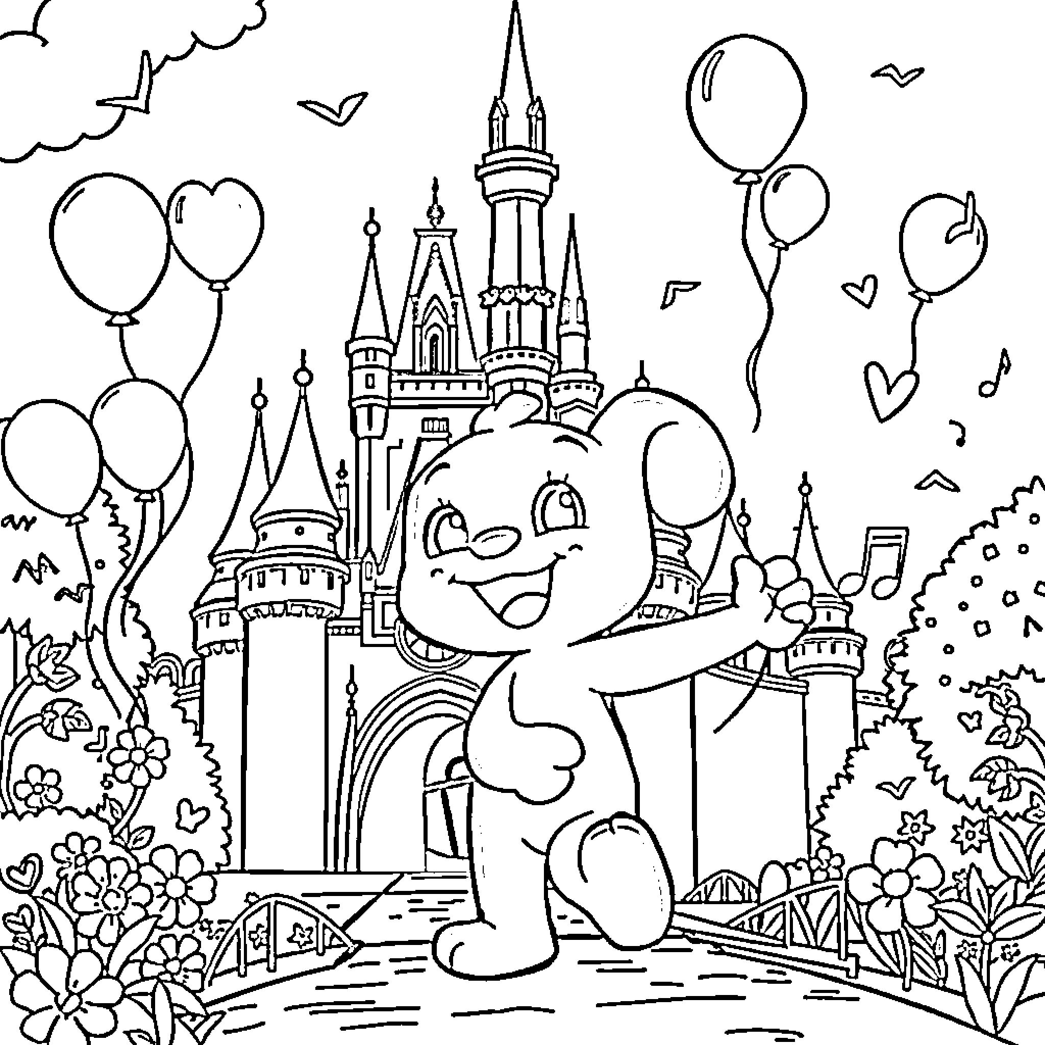 Bluey enjoying a magical day at the enchanted castle Coloring Page (free black-and-white line drawing printable PDF for all, from beginners to advanced learners, including children, teens, adults, and seniors)
