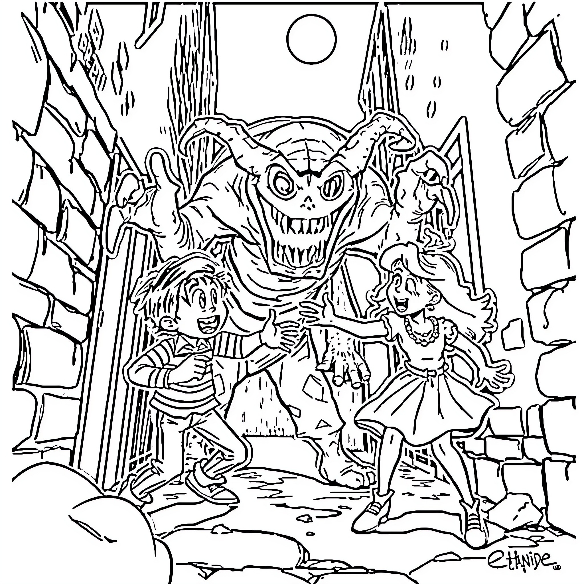 Wednesday in a Spooky Underworld Adventure Coloring Page (free black-and-white line drawing printable PDF for all, from beginners to advanced learners, including children, teens, adults, and seniors)