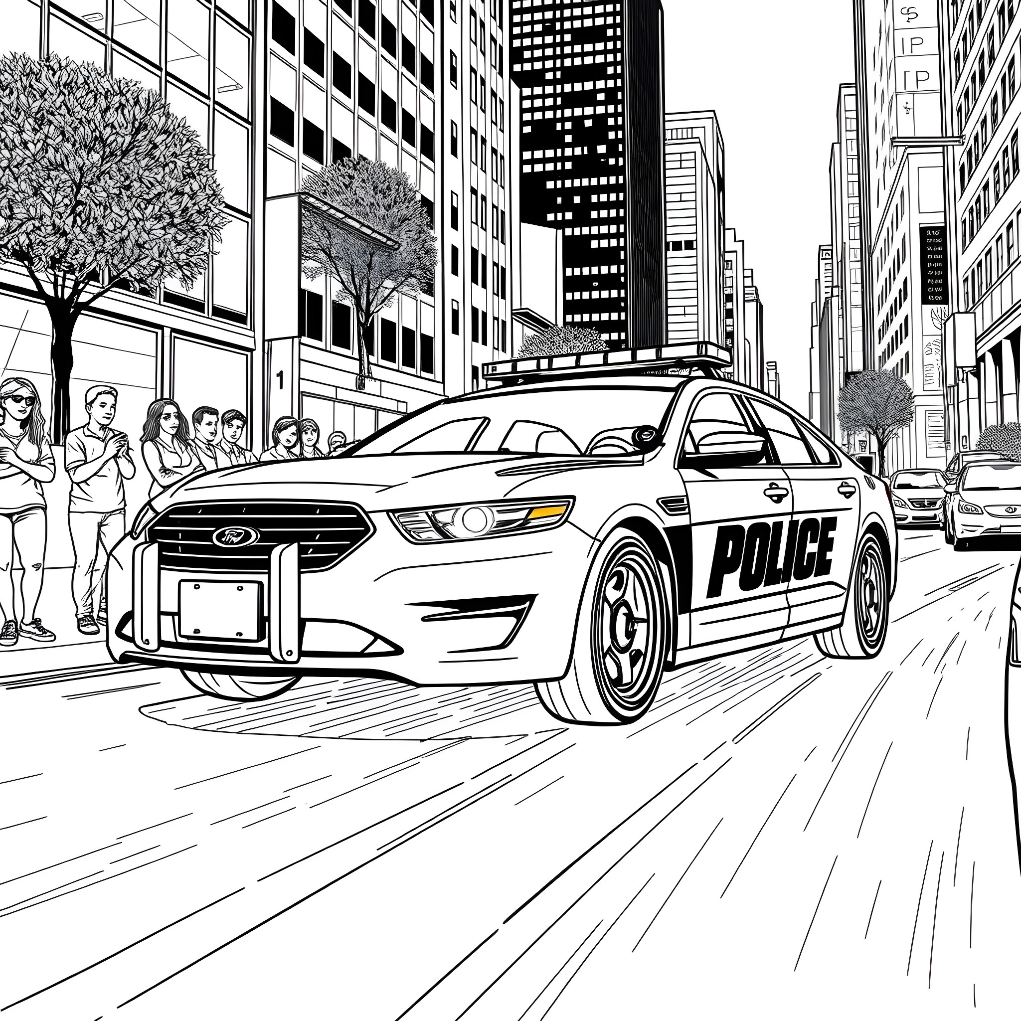 Police Car Rushing Through the City Streets Coloring Page (free black-and-white line drawing printable PDF for all, from beginners to advanced learners, including children, teens, adults, and seniors)