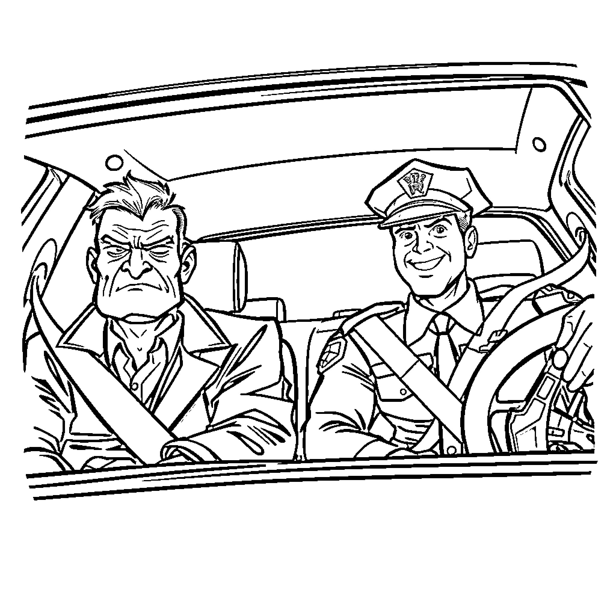 Bad Guys Riding in Police Car Coloring Page (free black-and-white line drawing printable PDF for all, from beginners to advanced learners, including children, teens, adults, and seniors)
