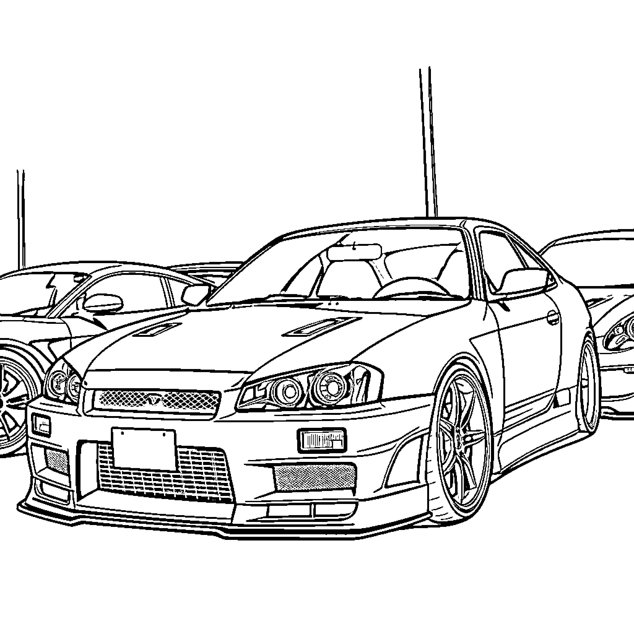 Car in race track with sleek design Coloring Page (free black-and-white line drawing printable PDF for all, from beginners to advanced learners, including children, teens, adults, and seniors)