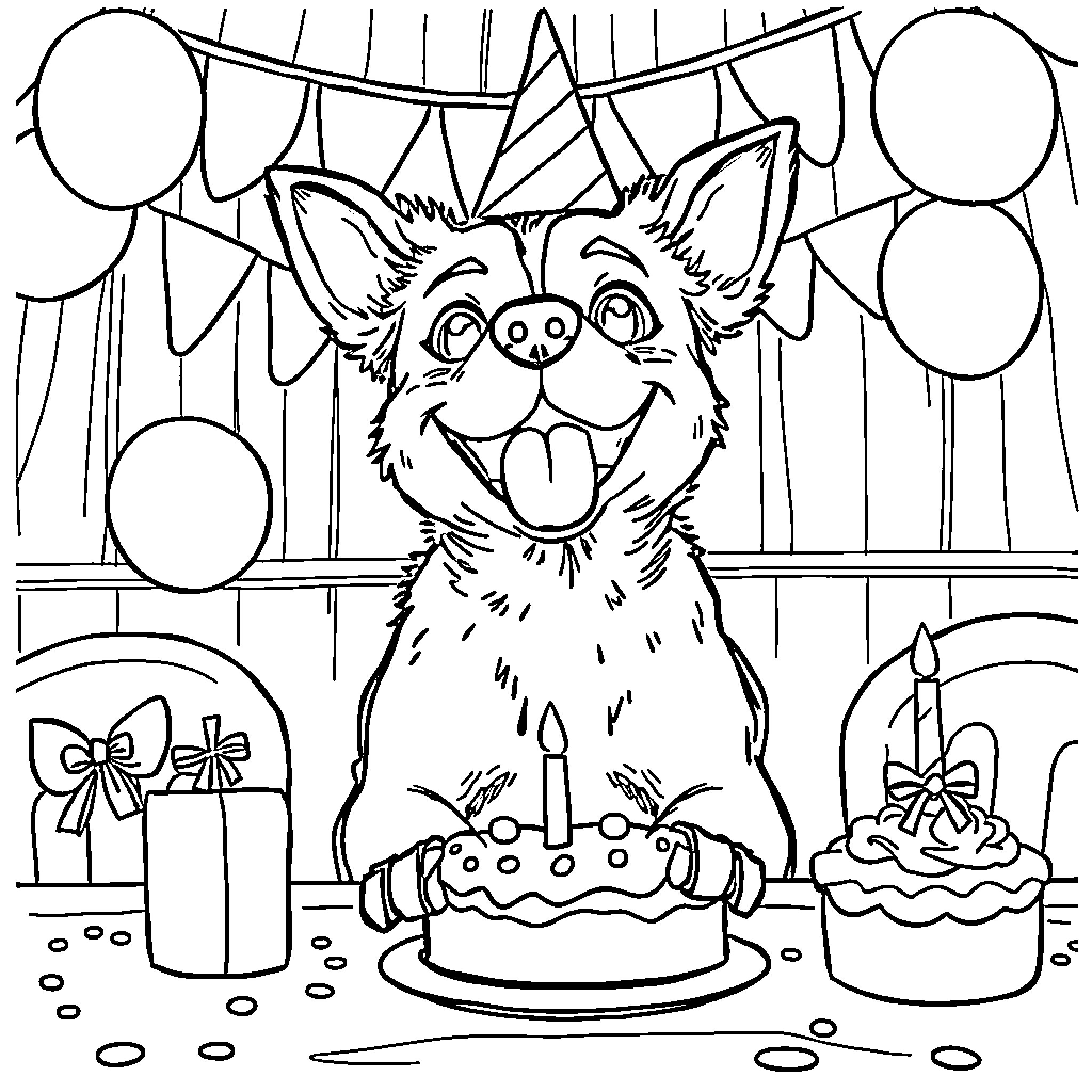 Dog enjoying birthday party with cake and presents Coloring Page (free black-and-white line drawing printable PDF for all, from beginners to advanced learners, including children, teens, adults, and seniors)