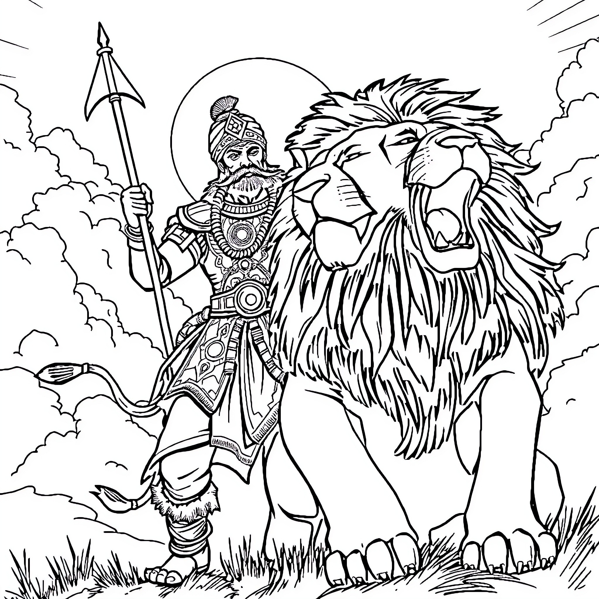 Sikh Warrior Standing Tall with a Roaring Lion Coloring Page (free black-and-white line drawing printable PDF for all, from beginners to advanced learners, including children, teens, adults, and seniors)