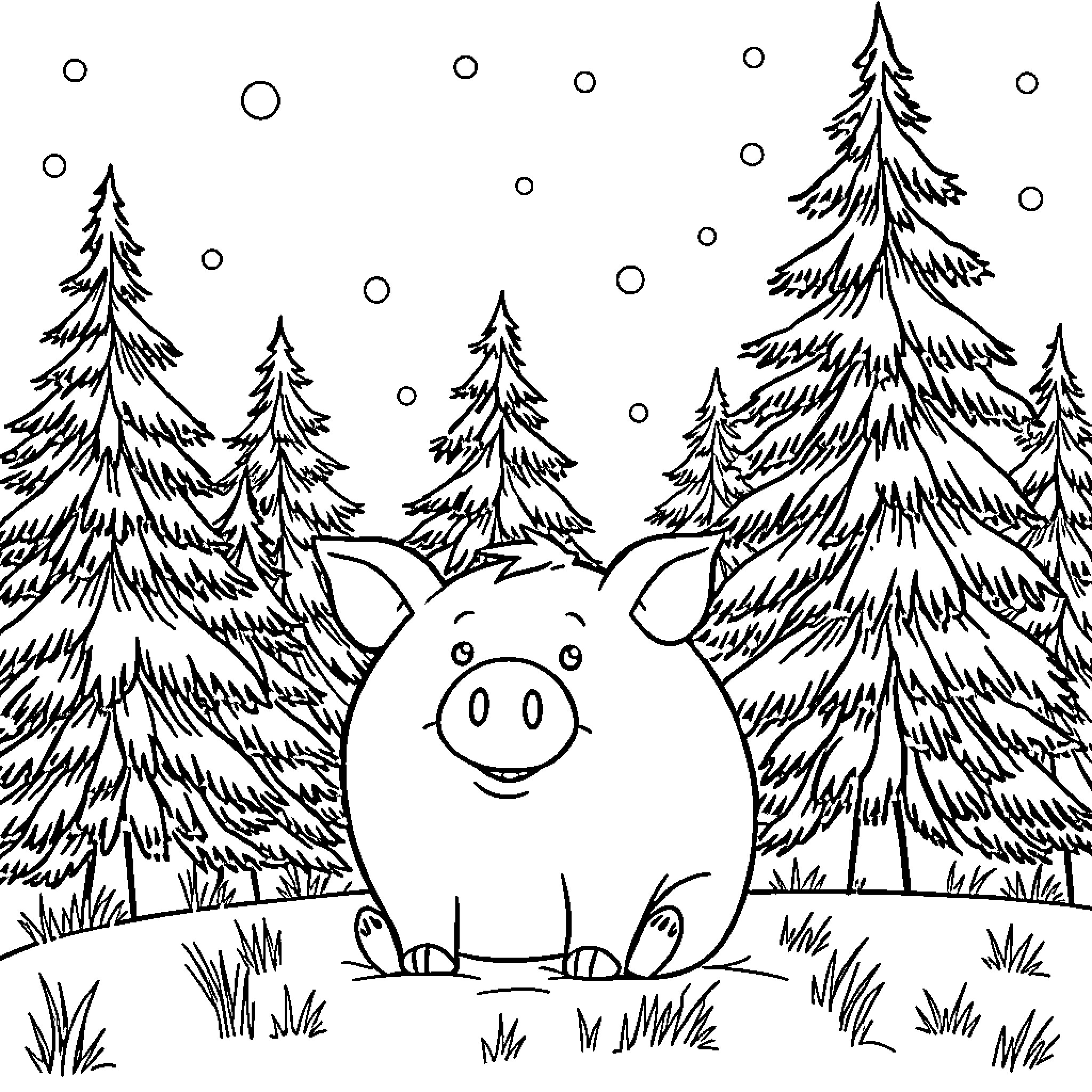 Piggy Bank enjoying the snowy forest Coloring Page (free black-and-white line drawing printable PDF for all, from beginners to advanced learners, including children, teens, adults, and seniors)