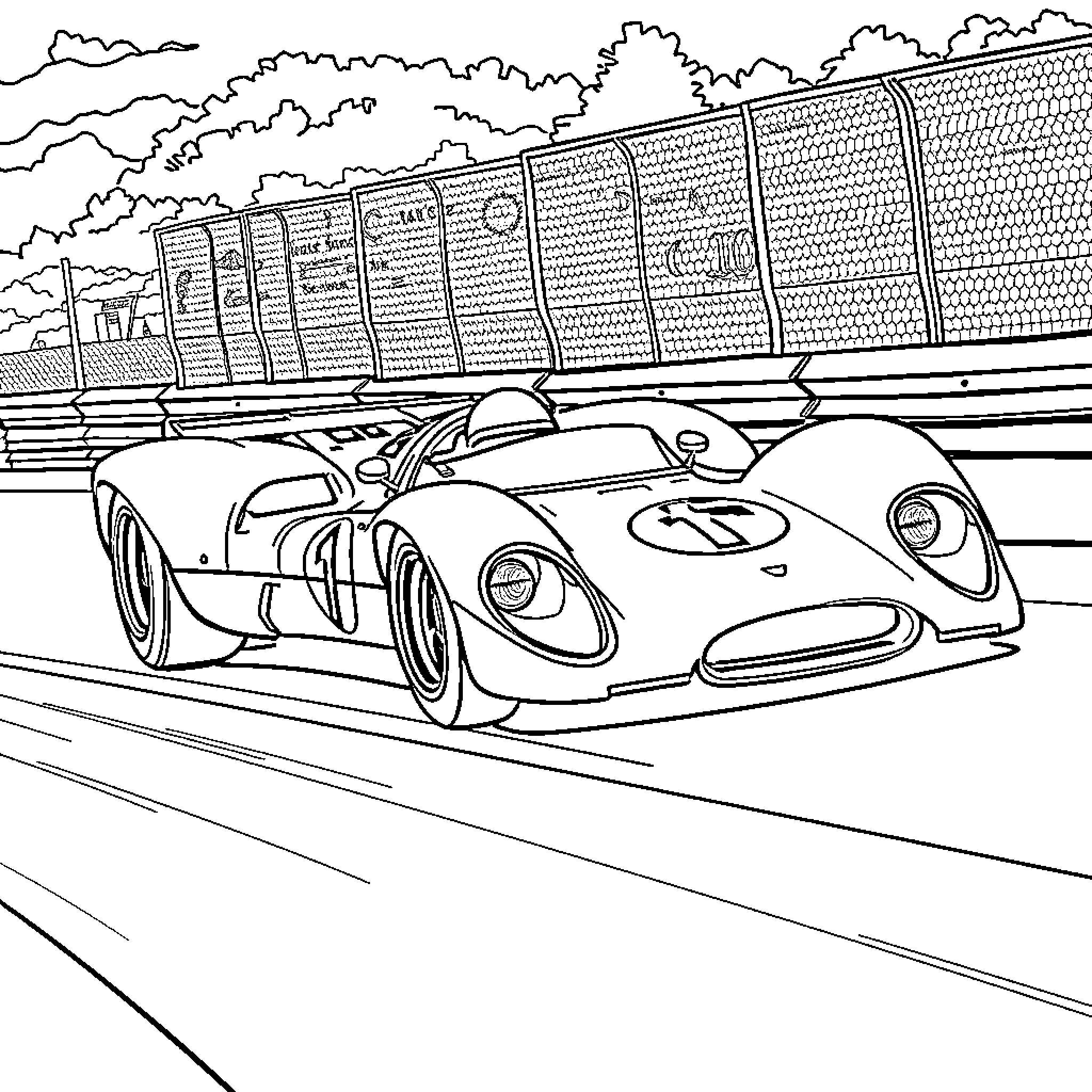 Franco Colapinto driving a racing car on a racetrack Coloring Page (free black-and-white line drawing printable PDF for all, from beginners to advanced learners, including children, teens, adults, and seniors)