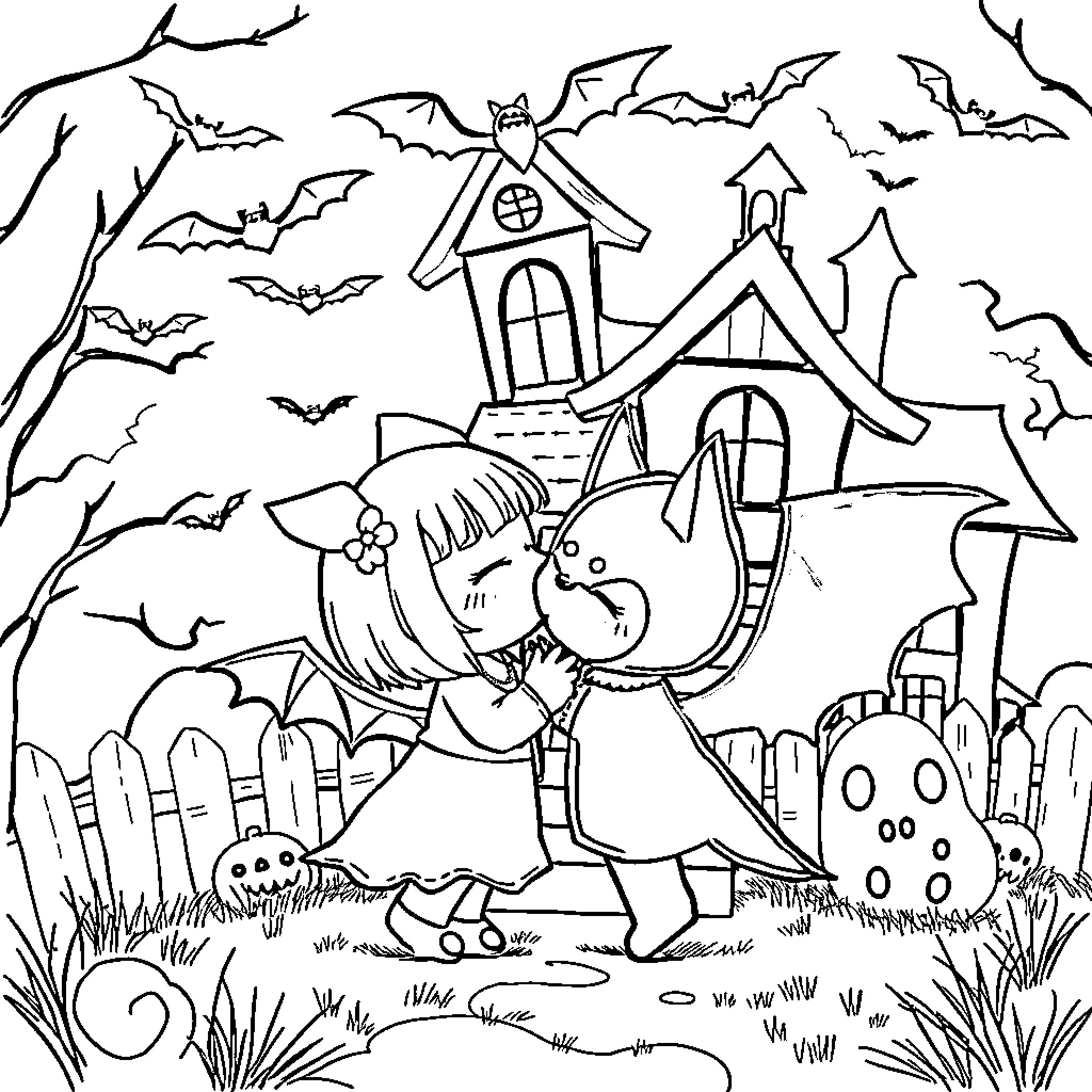 Kuromi's Spooky Halloween Adventure Coloring Page (free black-and-white line drawing printable PDF for all, from beginners to advanced learners, including children, teens, adults, and seniors)