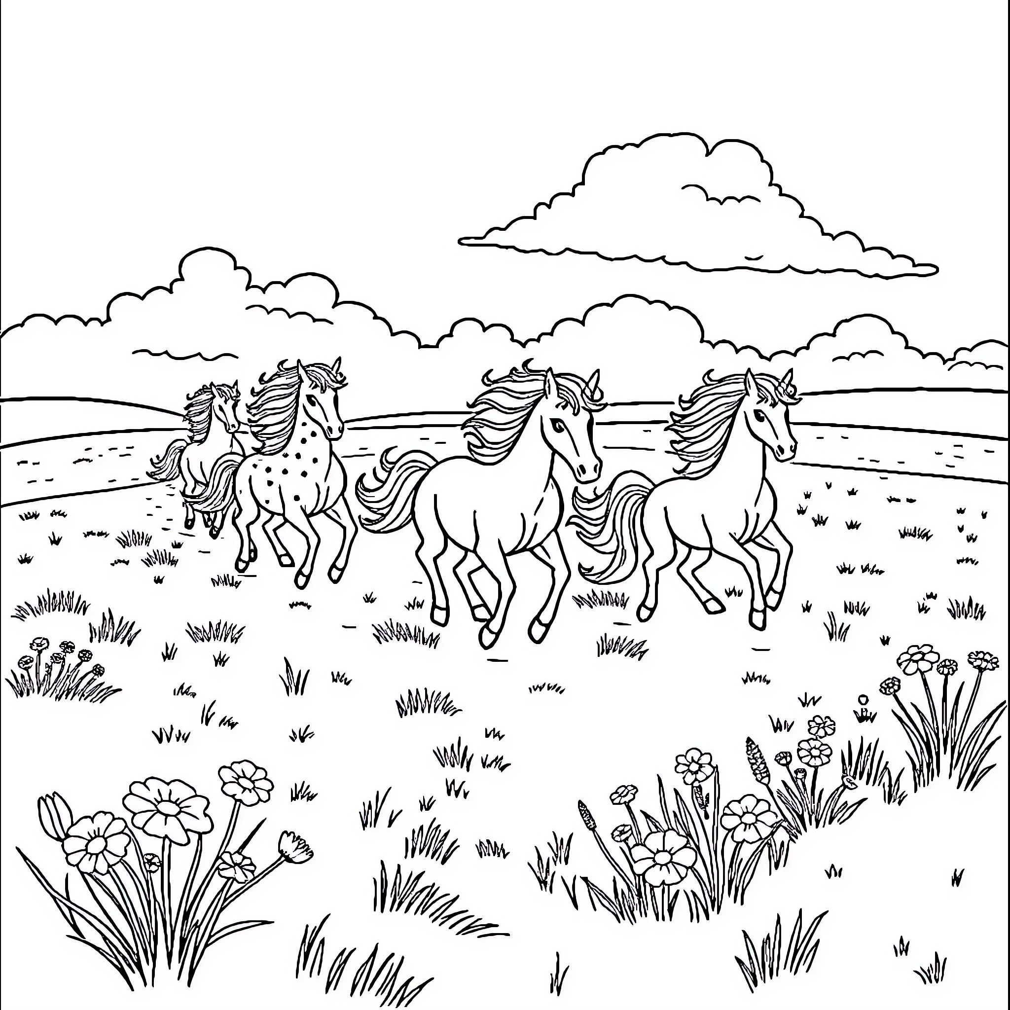 Unicorn herd galloping through the meadow Coloring Page (free black-and-white line drawing printable PDF for all, from beginners to advanced learners, including children, teens, adults, and seniors)