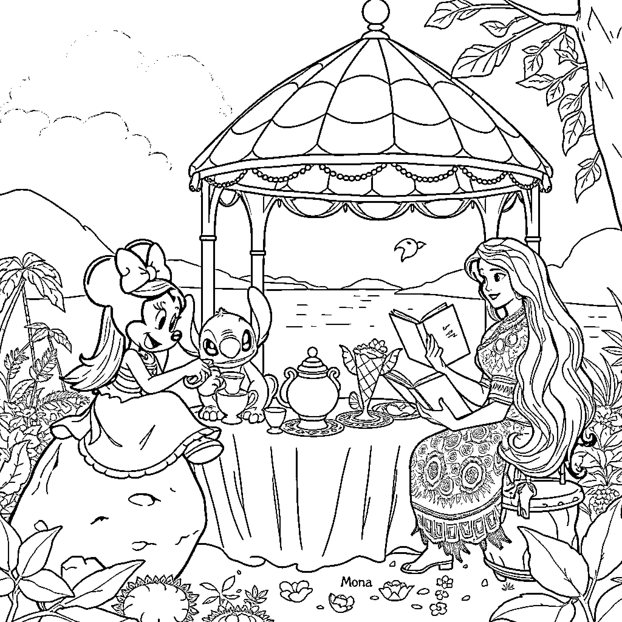 Minnie Mouse and Friends Enjoying a Picnic in the Garden Coloring Page (free black-and-white line drawing printable PDF for all, from beginners to advanced learners, including children, teens, adults, and seniors)