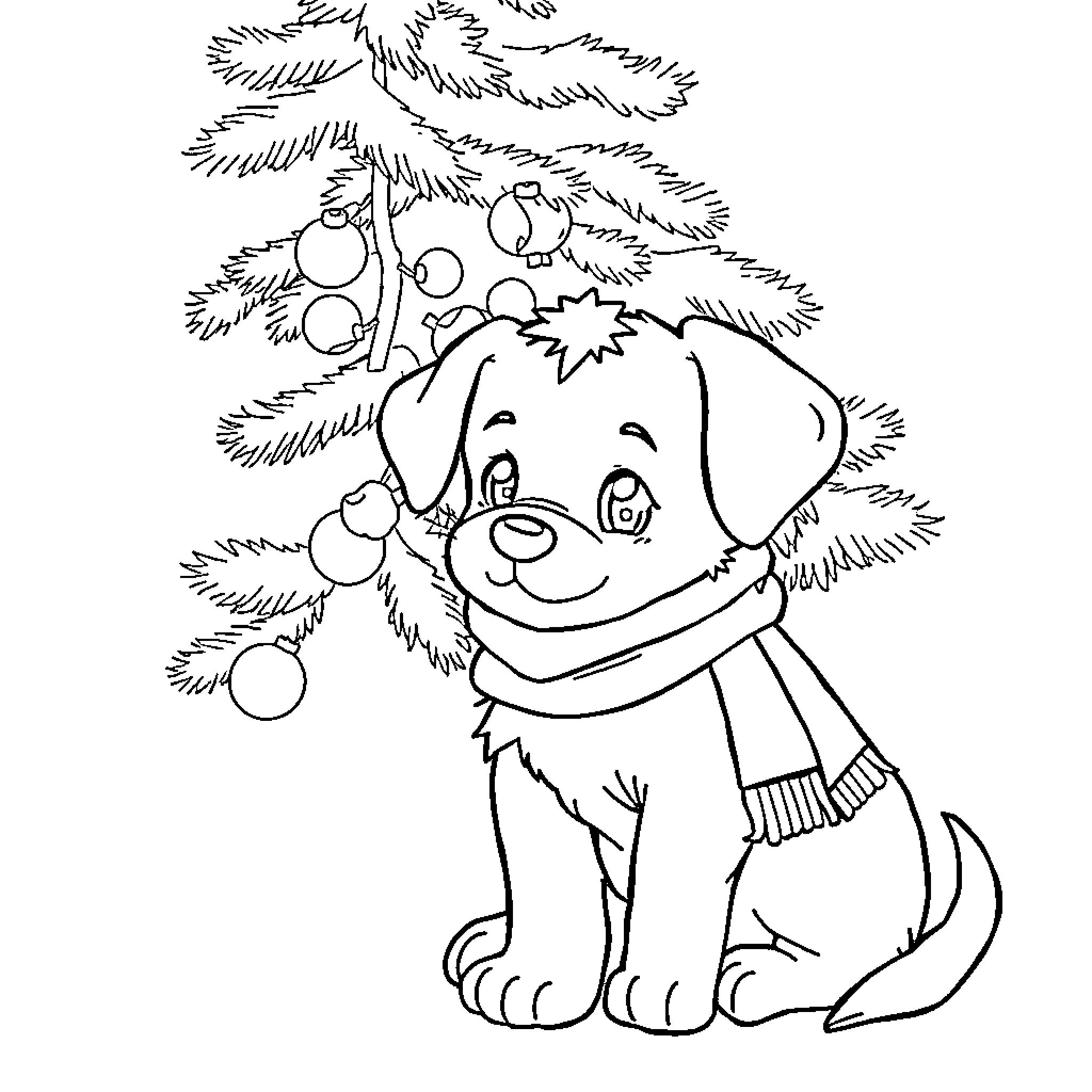 Puppy decorating Christmas tree Coloring Page (free black-and-white line drawing printable PDF for all, from beginners to advanced learners, including children, teens, adults, and seniors)