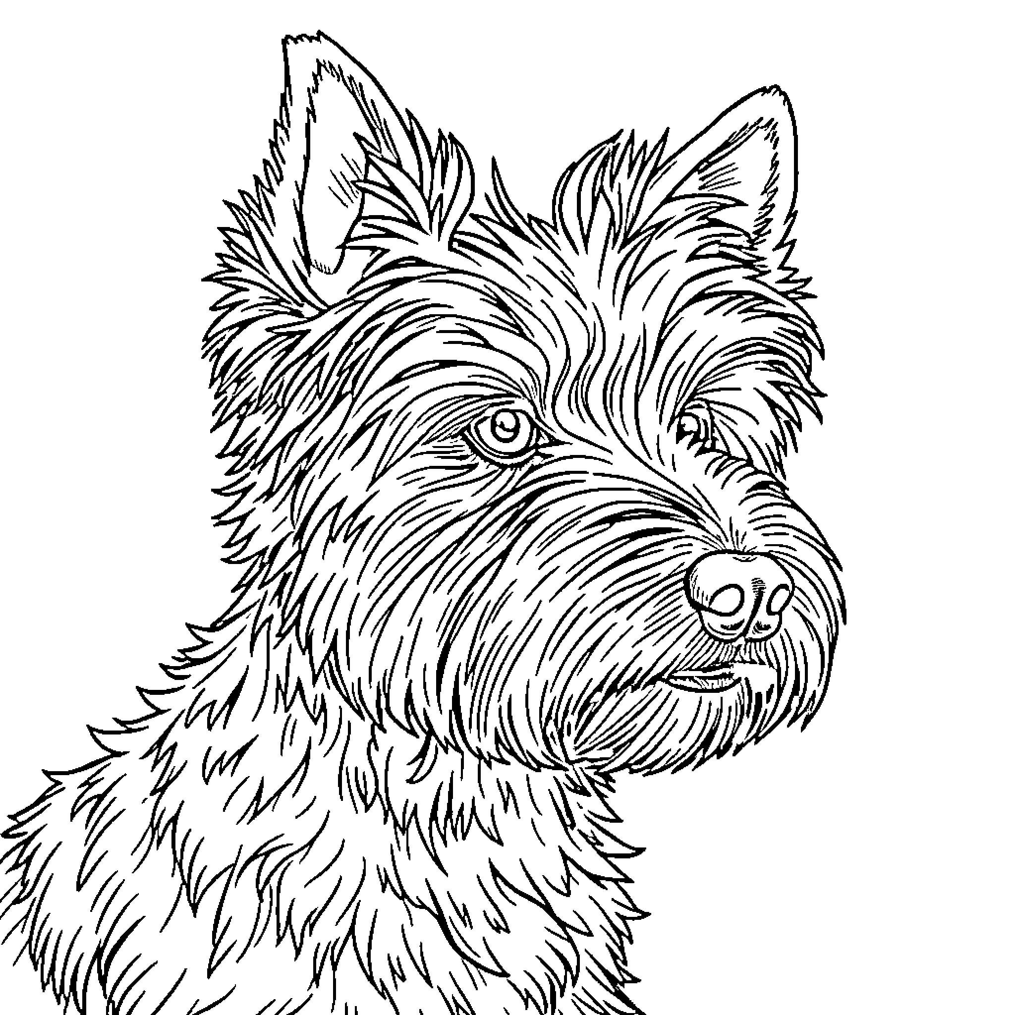 Yorkshire Terrier with Expressive Furry Face Coloring Page (free black-and-white line drawing printable PDF for all, from beginners to advanced learners, including children, teens, adults, and seniors)
