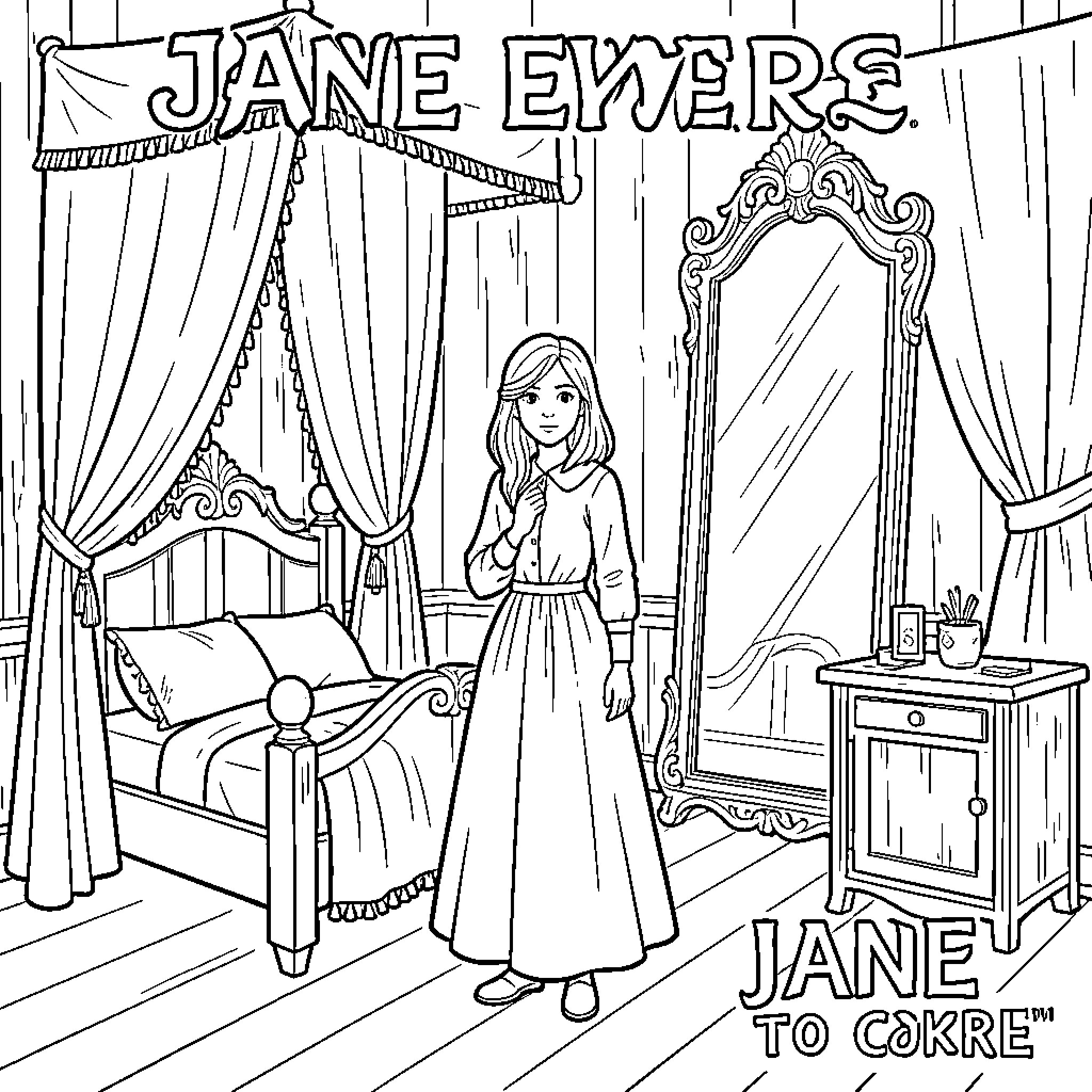 Room where a young girl stands near a mirror Coloring Page (free black-and-white line drawing printable PDF for all, from beginners to advanced learners, including children, teens, adults, and seniors)