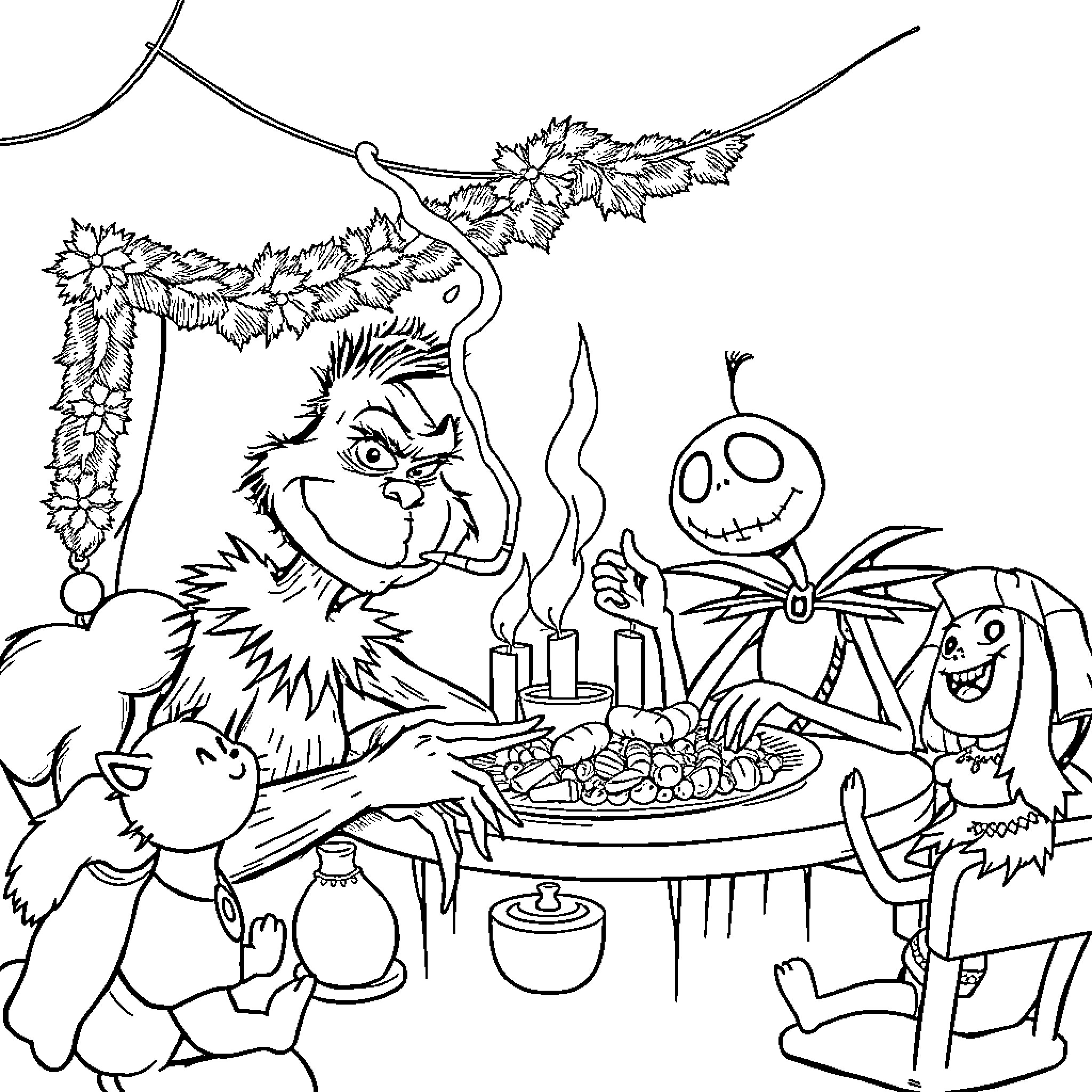 Grinch's Christmas Feast with Mischievous Creatures Coloring Page (free black-and-white line drawing printable PDF for all, from beginners to advanced learners, including children, teens, adults, and seniors)