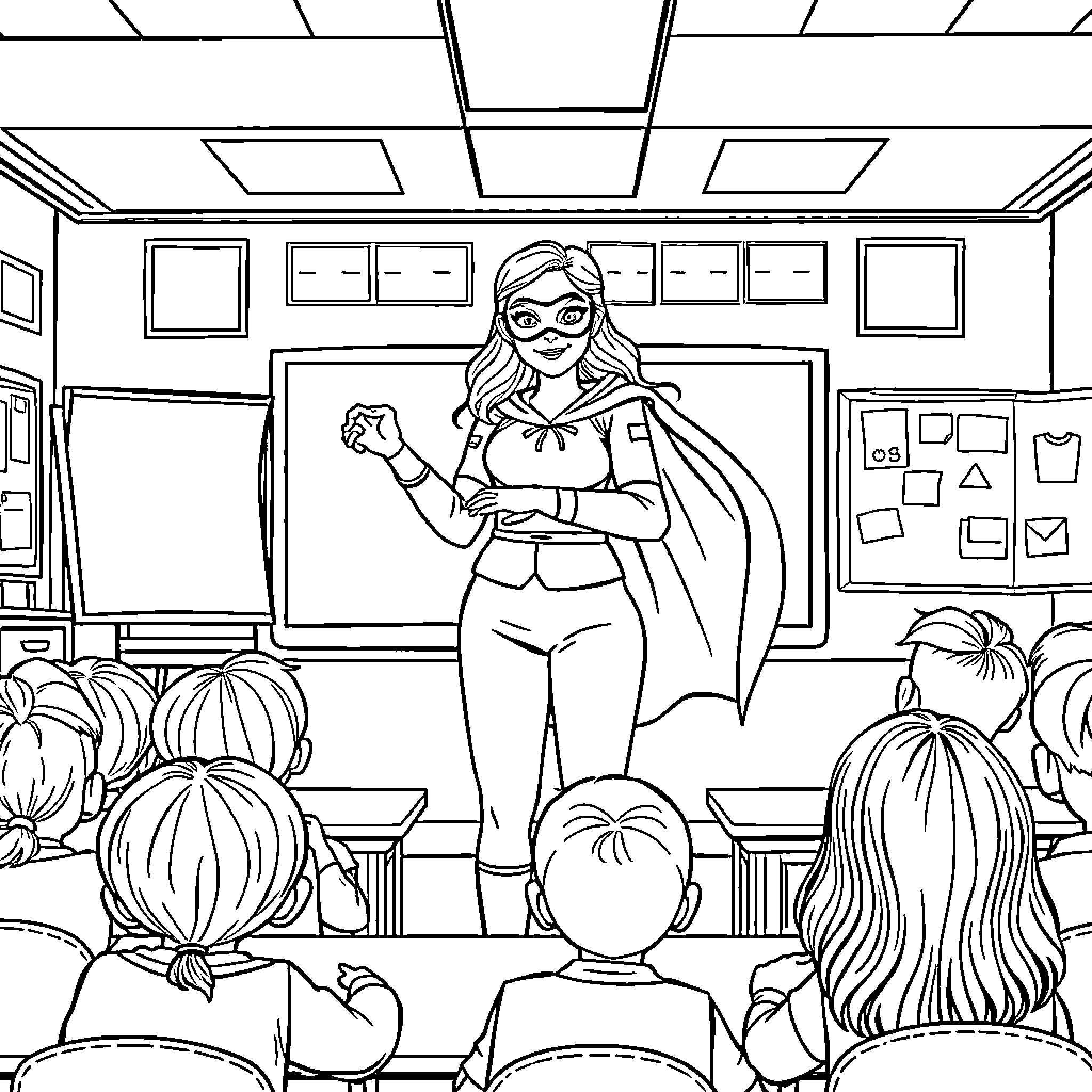 Teacher inspiring students with heroic persona Coloring Page (free black-and-white line drawing printable PDF for all, from beginners to advanced learners, including children, teens, adults, and seniors)