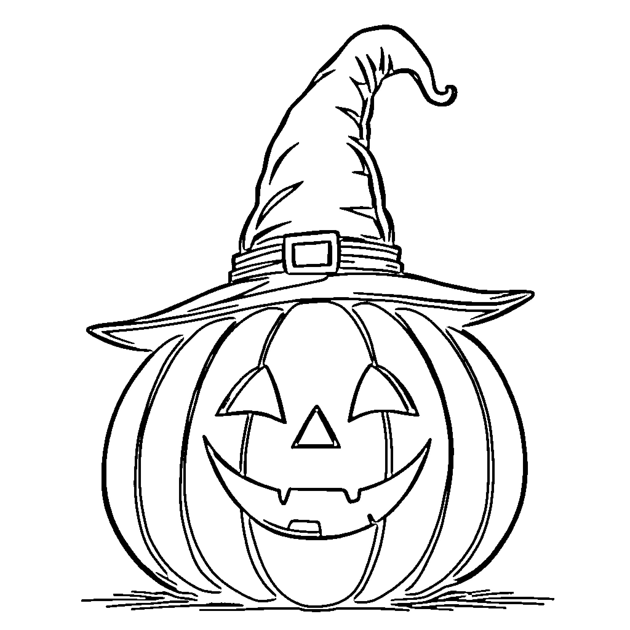 Pumpkin in Witch's Hat Smiling Coloring Page (free black-and-white line drawing printable PDF for all, from beginners to advanced learners, including children, teens, adults, and seniors)
