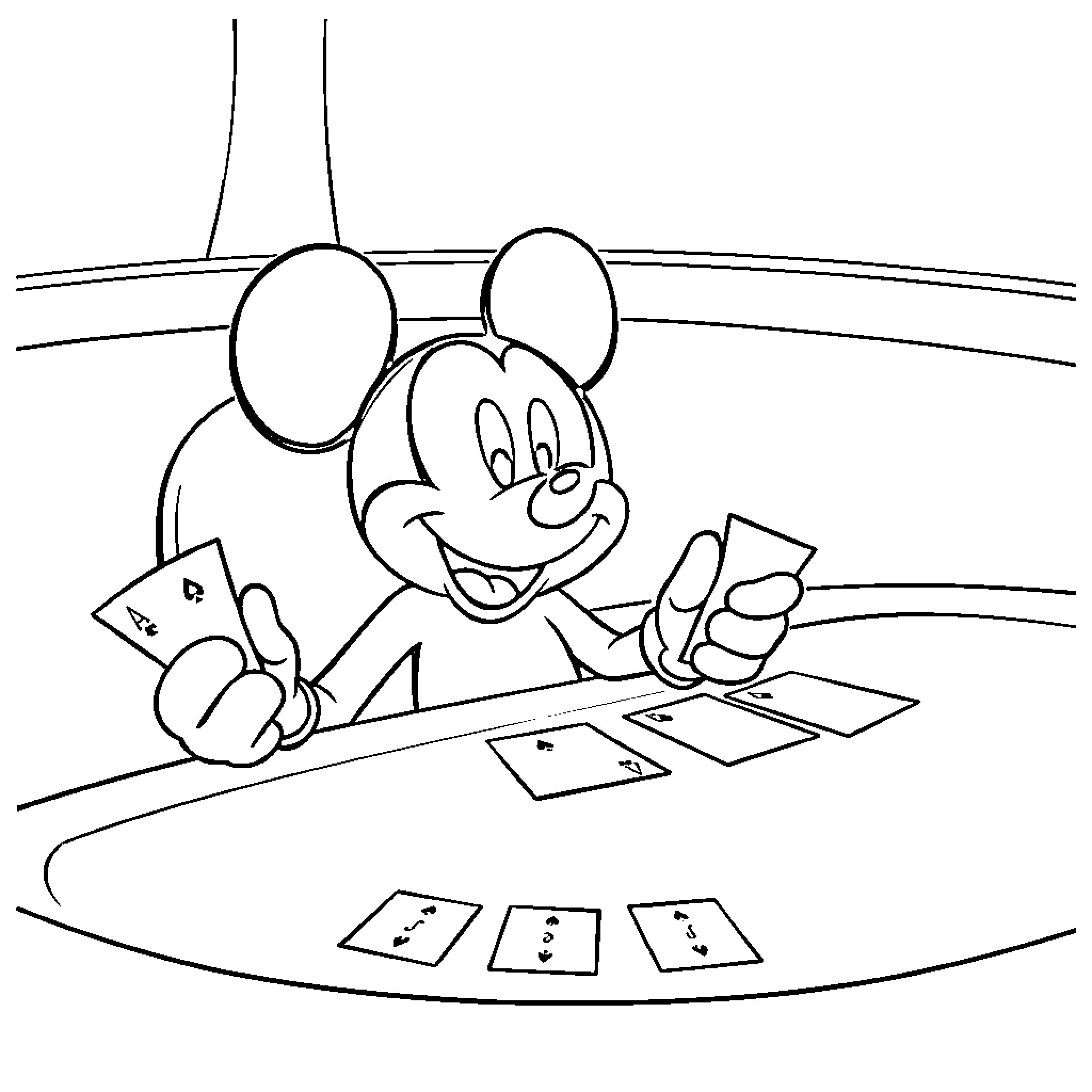 Mickey Mouse playing cards happily at a table Coloring Page (free black-and-white line drawing printable PDF for all, from beginners to advanced learners, including children, teens, adults, and seniors)