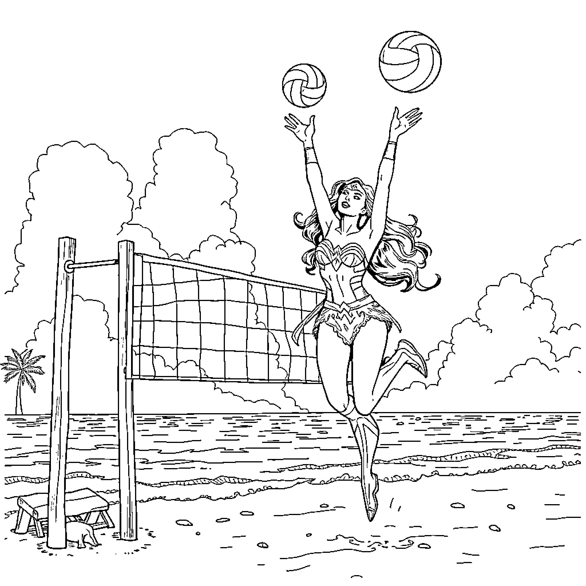 Wonder Woman playing volleyball on the beach Coloring Page (free black-and-white line drawing printable PDF for all, from beginners to advanced learners, including children, teens, adults, and seniors)
