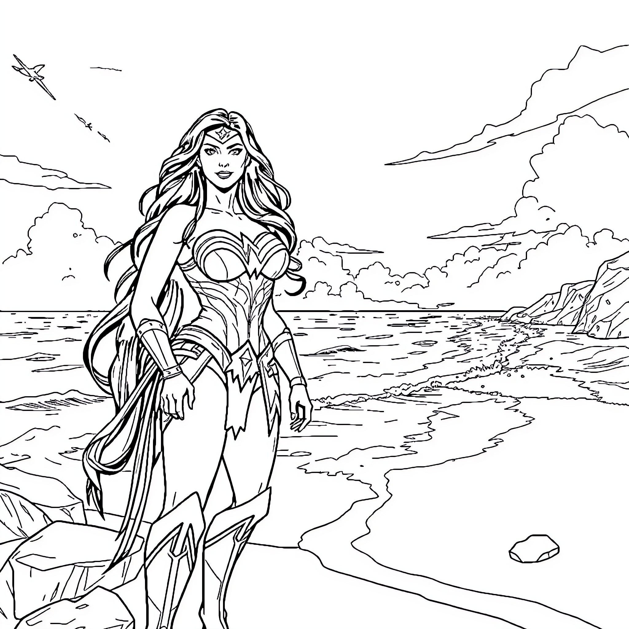 Wonder Woman heroically standing on the beach Coloring Page (free black-and-white line drawing printable PDF for all, from beginners to advanced learners, including children, teens, adults, and seniors)