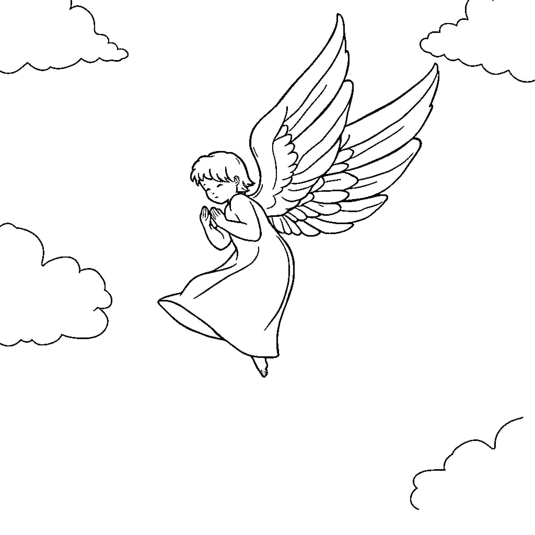 Angel floating among the clouds Coloring Page (free black-and-white line drawing printable PDF for all, from beginners to advanced learners, including children, teens, adults, and seniors)