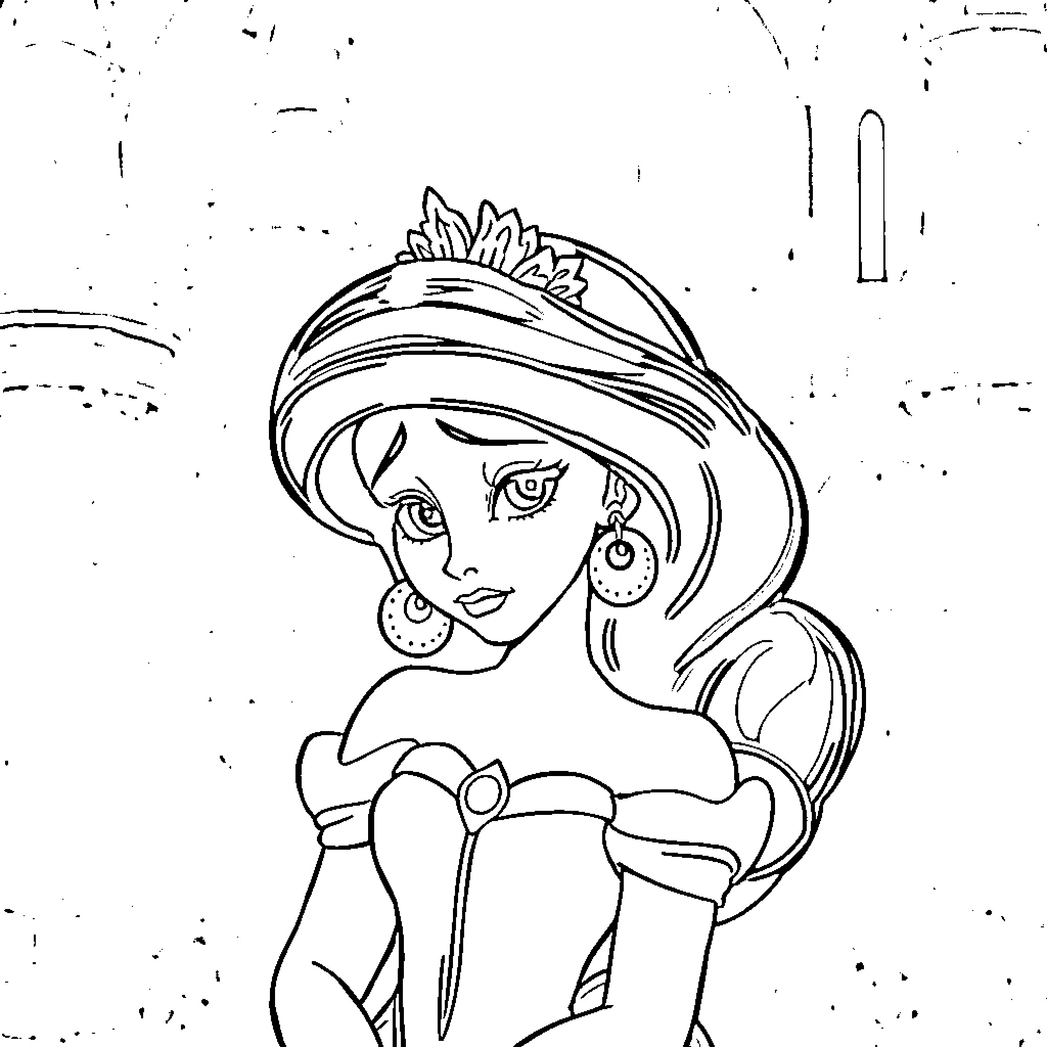 Disney Princess in her elegant attire Coloring Page (free black-and-white line drawing printable PDF for all, from beginners to advanced learners, including children, teens, adults, and seniors)