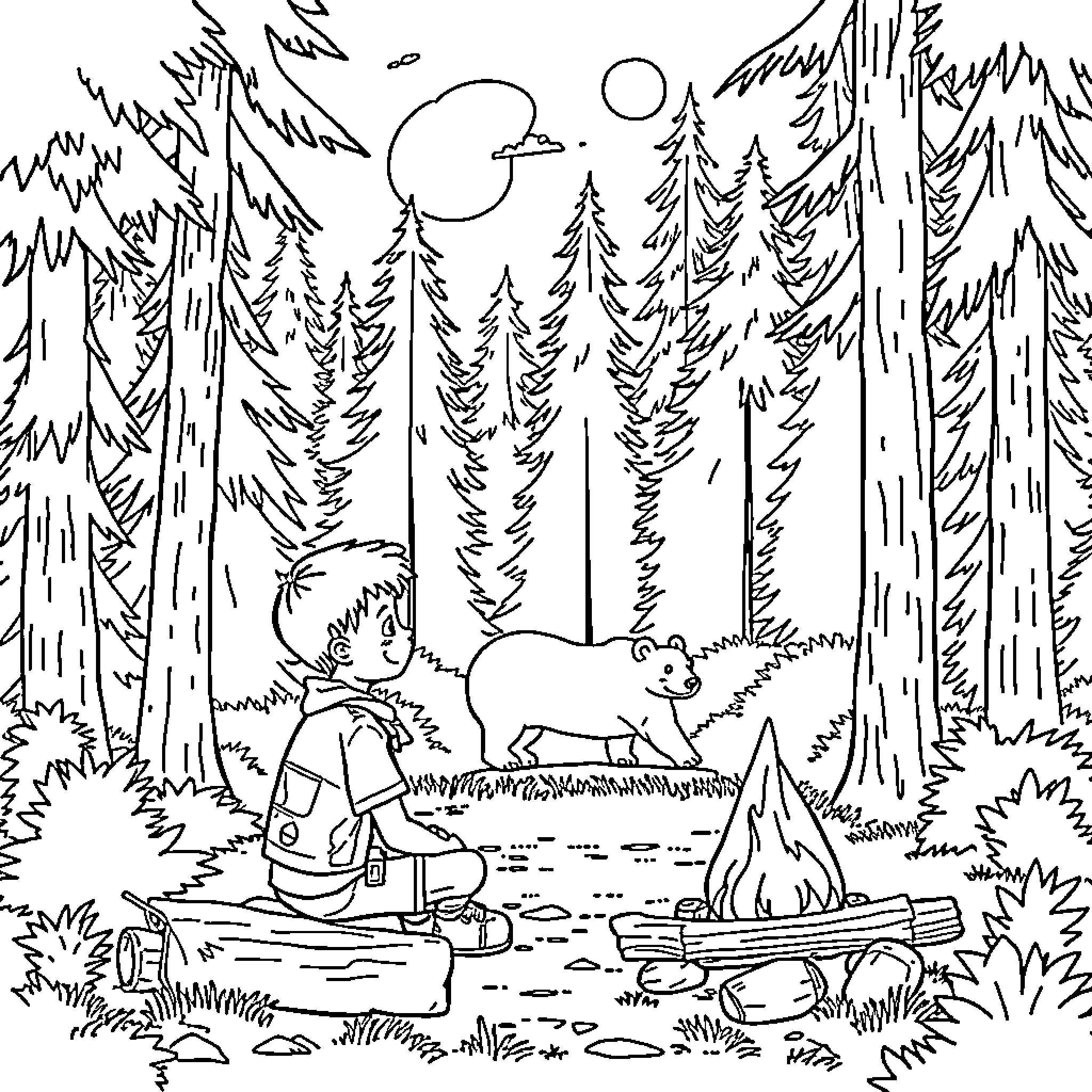 Boy Scout Exploring Nature in the Wilderness Coloring Page (free black-and-white line drawing printable PDF for all, from beginners to advanced learners, including children, teens, adults, and seniors)