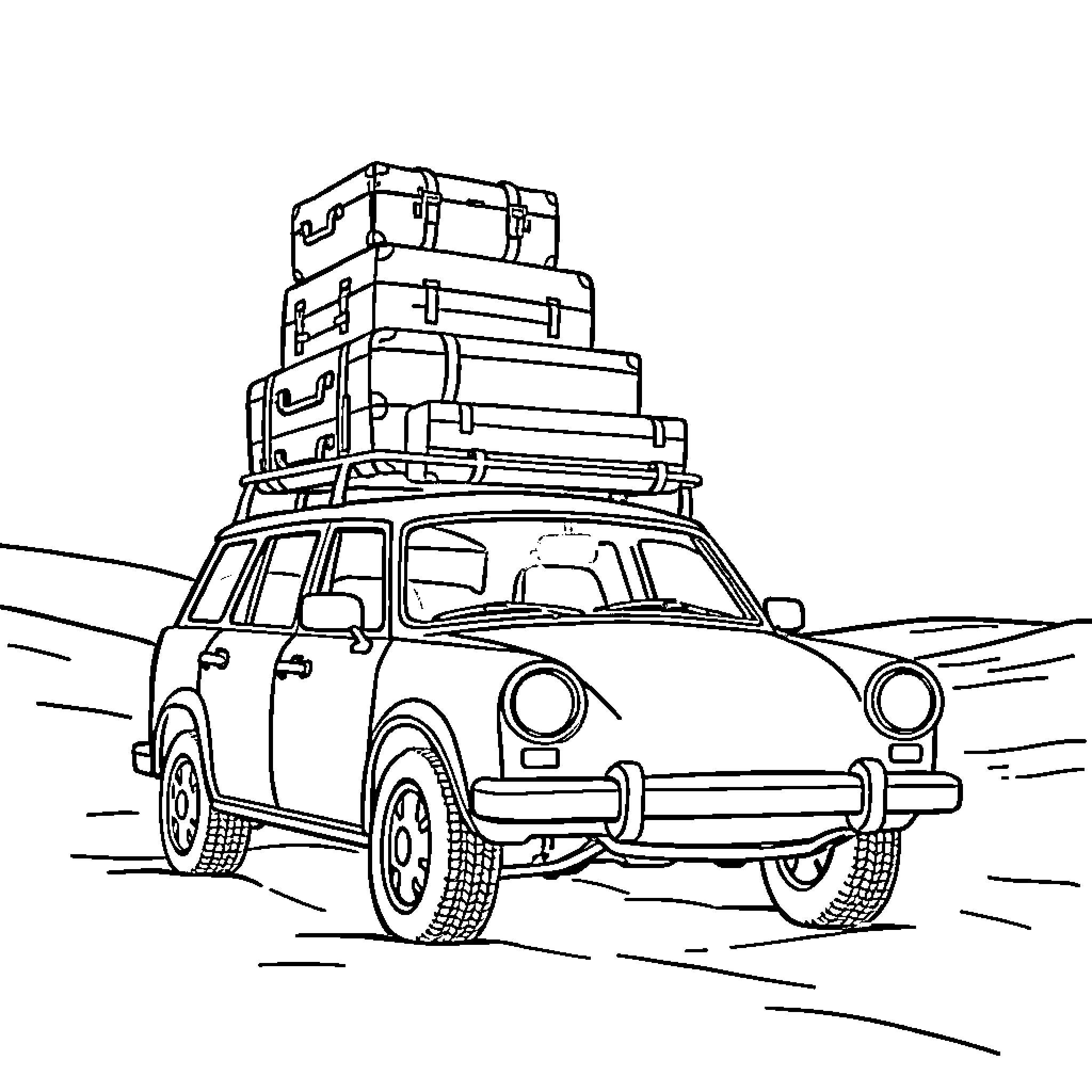 Car loaded with luggage on a road trip Coloring Page (free black-and-white line drawing printable PDF for all, from beginners to advanced learners, including children, teens, adults, and seniors)
