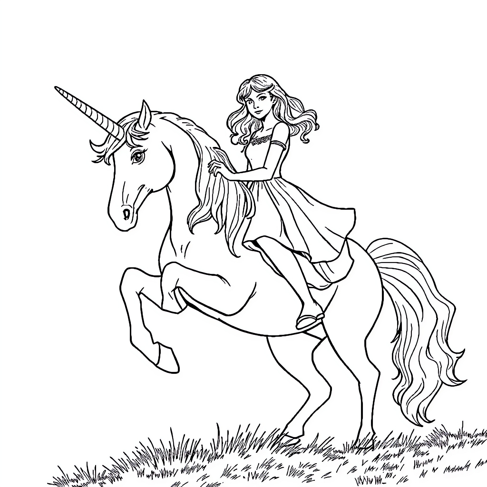 Emma Watson riding a majestic unicorn in a grassy field Coloring Page (free black-and-white line drawing printable PDF for all, from beginners to advanced learners, including children, teens, adults, and seniors)