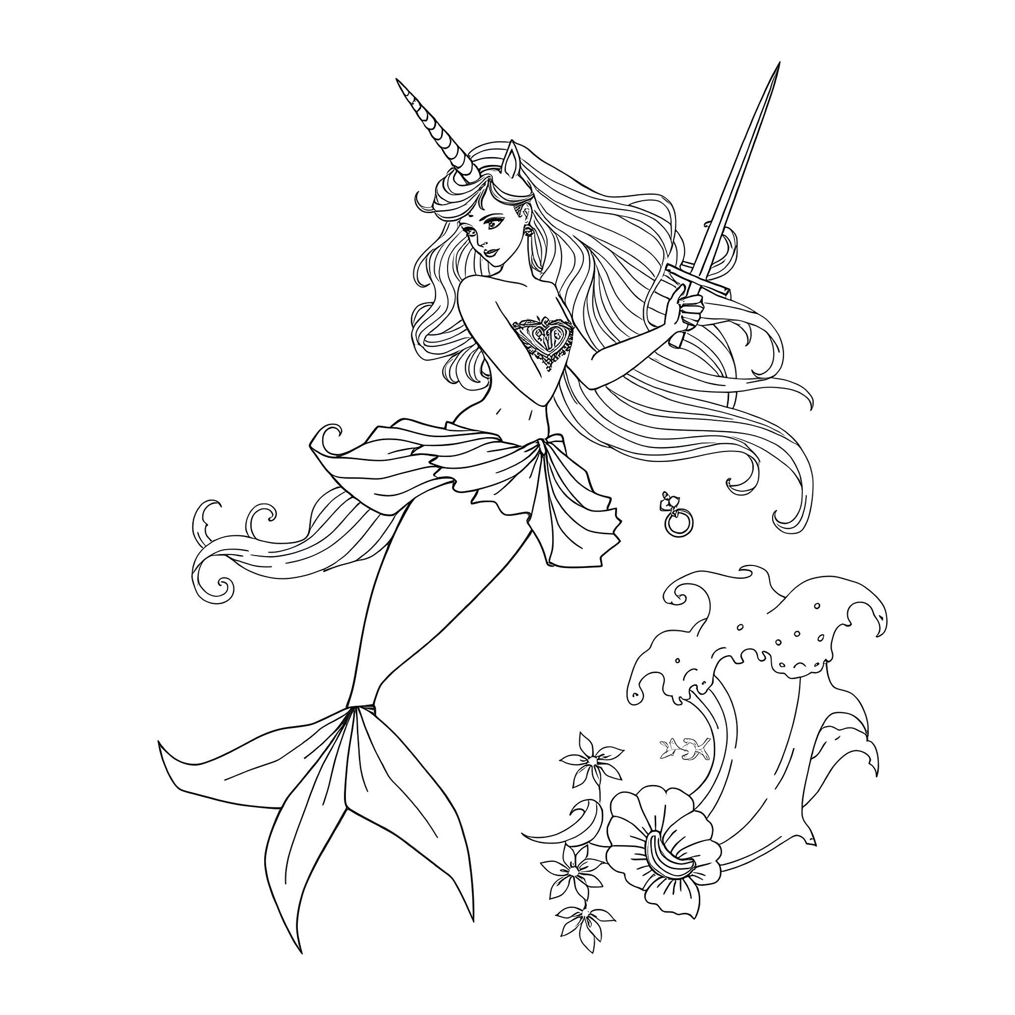 Unicorn mermaid warrior wielding sword in the ocean Coloring Page (free black-and-white line drawing printable PDF for all, from beginners to advanced learners, including children, teens, adults, and seniors)