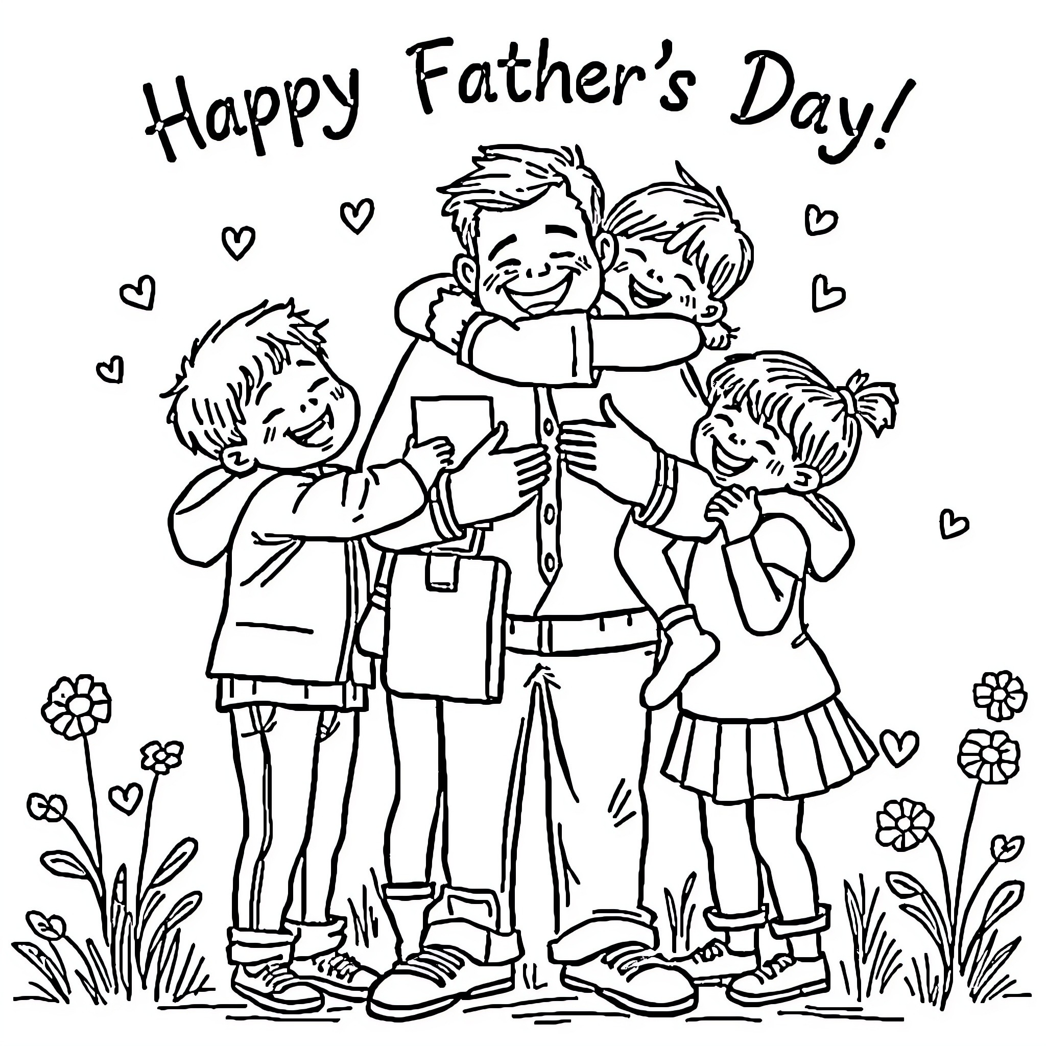 Father hugging his happy children on Father's Day Coloring Page (free black-and-white line drawing printable PDF for all, from beginners to advanced learners, including children, teens, adults, and seniors)