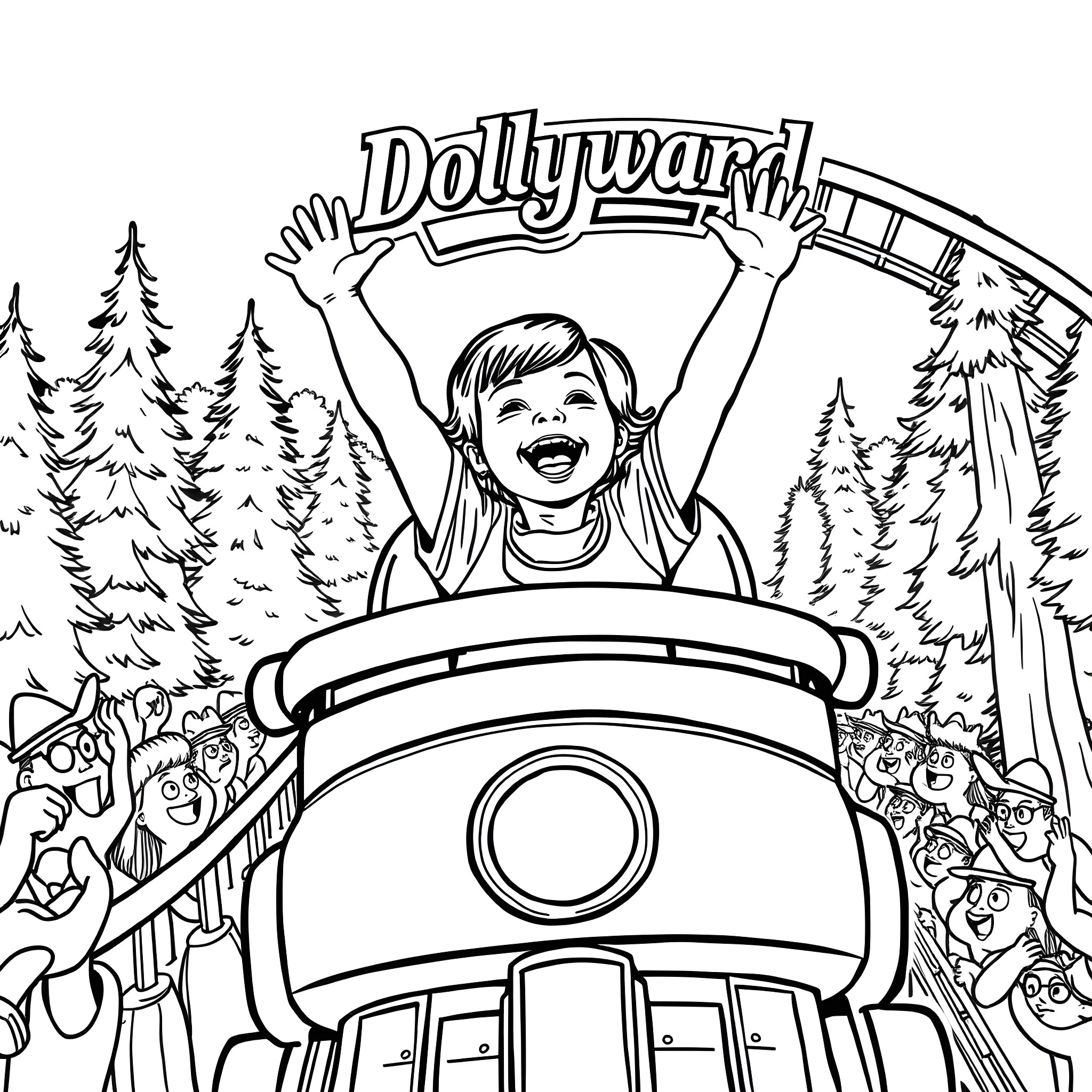 Girl riding roller coaster with excitement in the theme park Coloring Page (free black-and-white line drawing printable PDF for all, from beginners to advanced learners, including children, teens, adults, and seniors)