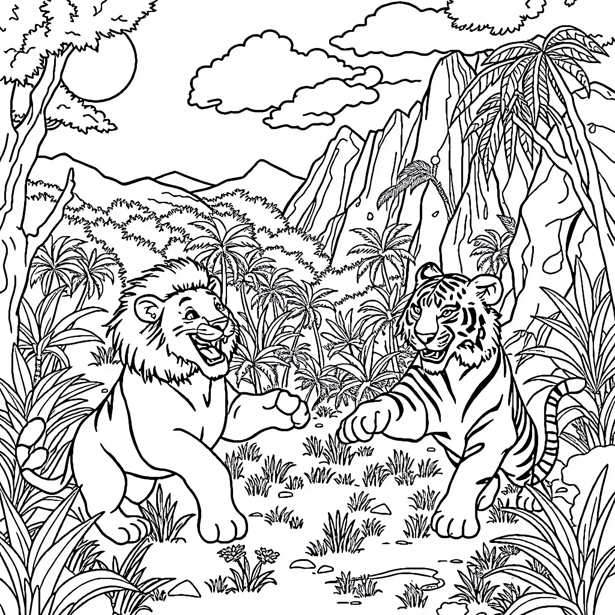 Big Cats Lounging in the Tropical Jungle Coloring Page (free black-and-white line drawing printable PDF for all, from beginners to advanced learners, including children, teens, adults, and seniors)