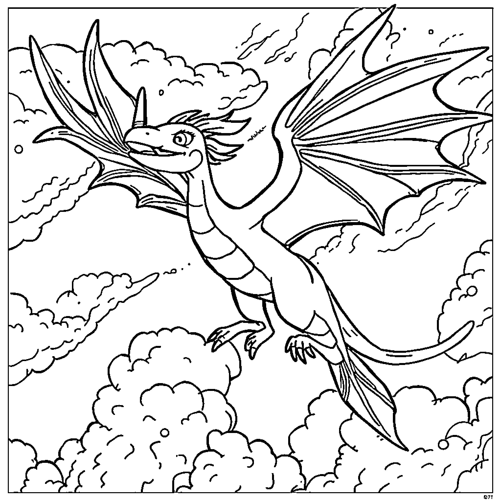 Dragon soaring gracefully through the cloudy skies Coloring Page (free black-and-white line drawing printable PDF for all, from beginners to advanced learners, including children, teens, adults, and seniors)