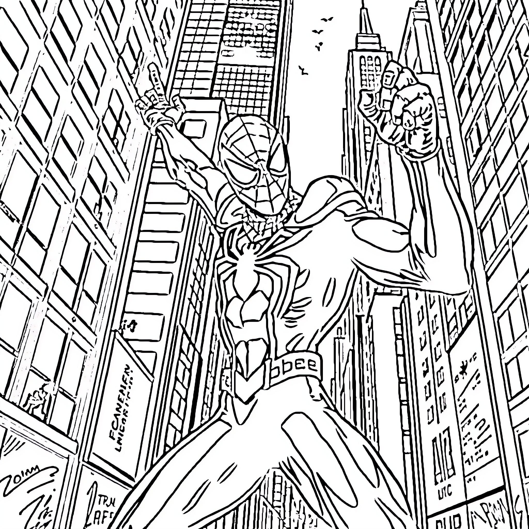 Spider-Man swinging through the city streets Coloring Page (free black-and-white line drawing printable PDF for all, from beginners to advanced learners, including children, teens, adults, and seniors)
