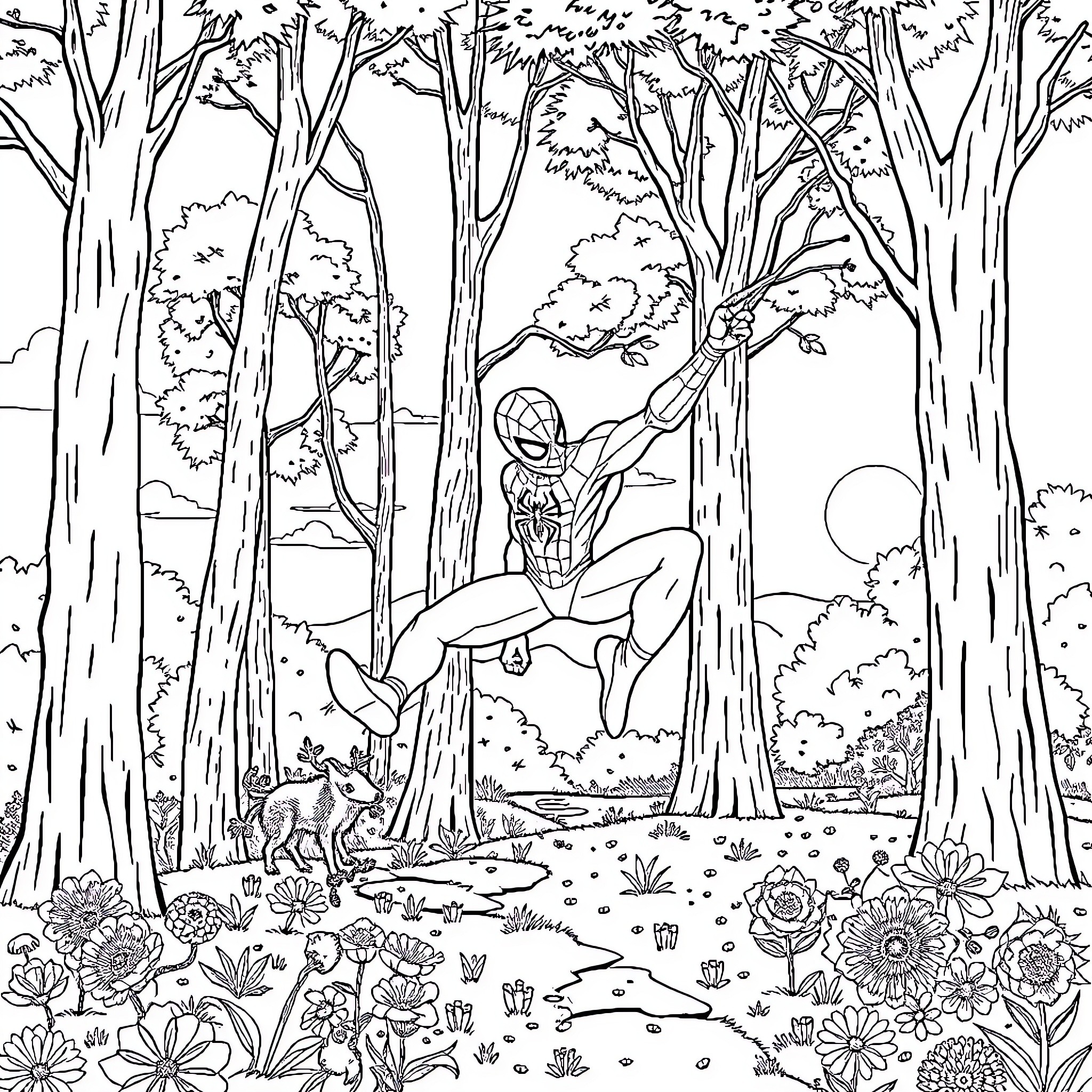 Spiderman swinging through the forest with wildlife Coloring Page (free black-and-white line drawing printable PDF for all, from beginners to advanced learners, including children, teens, adults, and seniors)