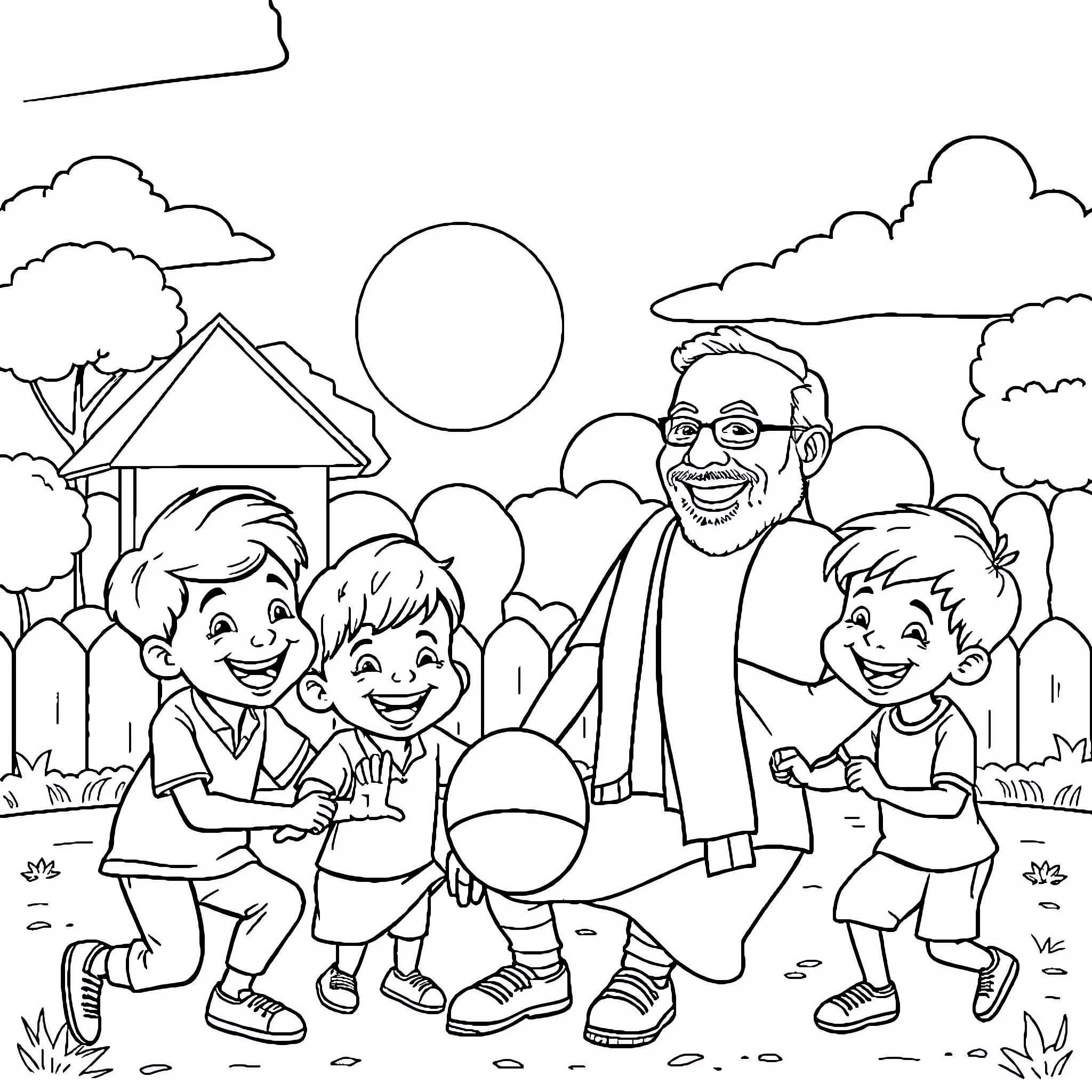 Narendra Modi enjoying time with children in the park Coloring Page (free black-and-white line drawing printable PDF for all, from beginners to advanced learners, including children, teens, adults, and seniors)