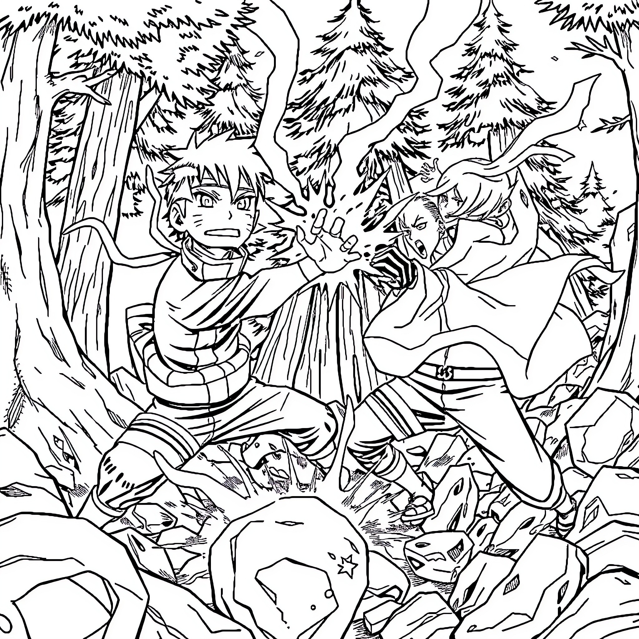 Naruto Ninjas in Intense Battle in Forested Landscape Coloring Page (free black-and-white line drawing printable PDF for all, from beginners to advanced learners, including children, teens, adults, and seniors)