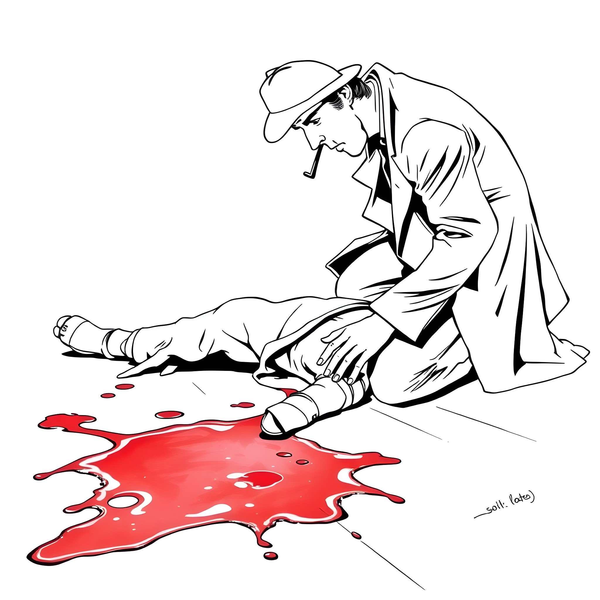 Sherlock Holmes investigates a crime scene Coloring Page (free black-and-white line drawing printable PDF for all, from beginners to advanced learners, including children, teens, adults, and seniors)