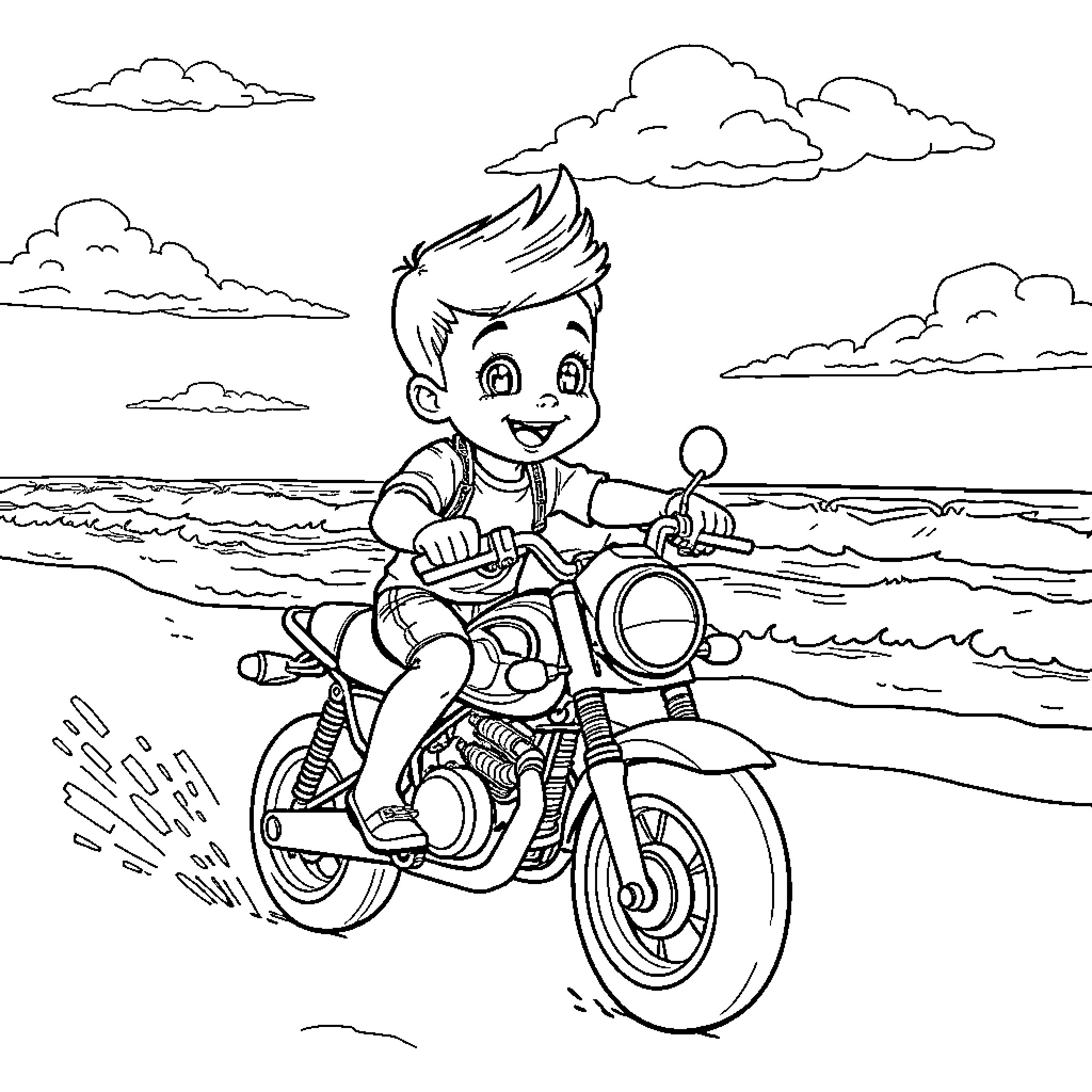 Saja Boy riding a motorcycle by the beach Coloring Page (free black-and-white line drawing printable PDF for all, from beginners to advanced learners, including children, teens, adults, and seniors)