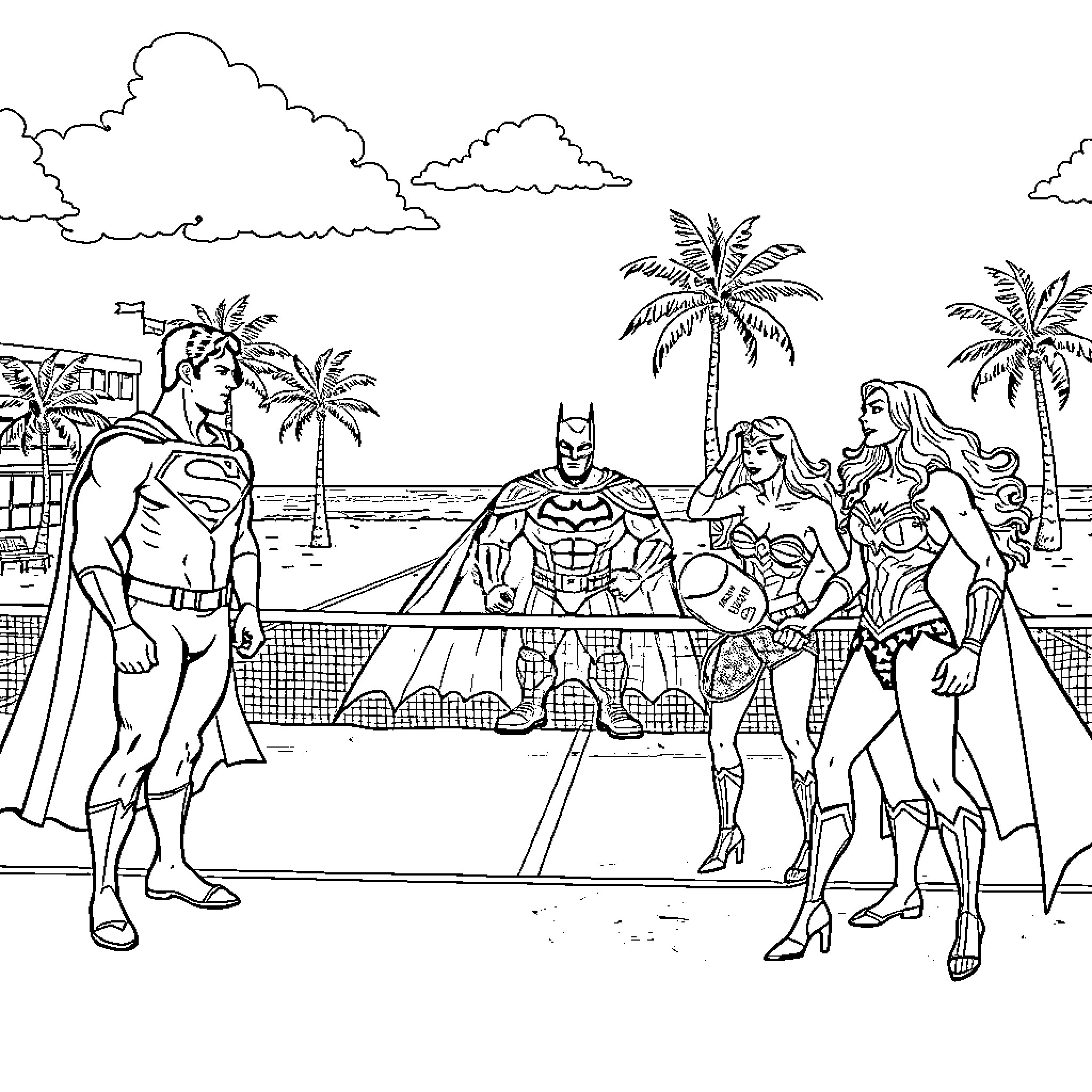 Justice League heroes on tropical beach adventure Coloring Page (free black-and-white line drawing printable PDF for all, from beginners to advanced learners, including children, teens, adults, and seniors)