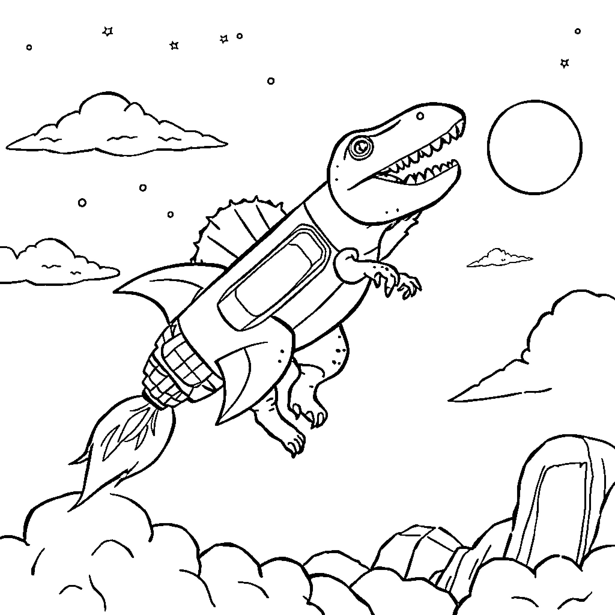 Dinosaur soaring through the sky with jetpack Coloring Page (free black-and-white line drawing printable PDF for all, from beginners to advanced learners, including children, teens, adults, and seniors)