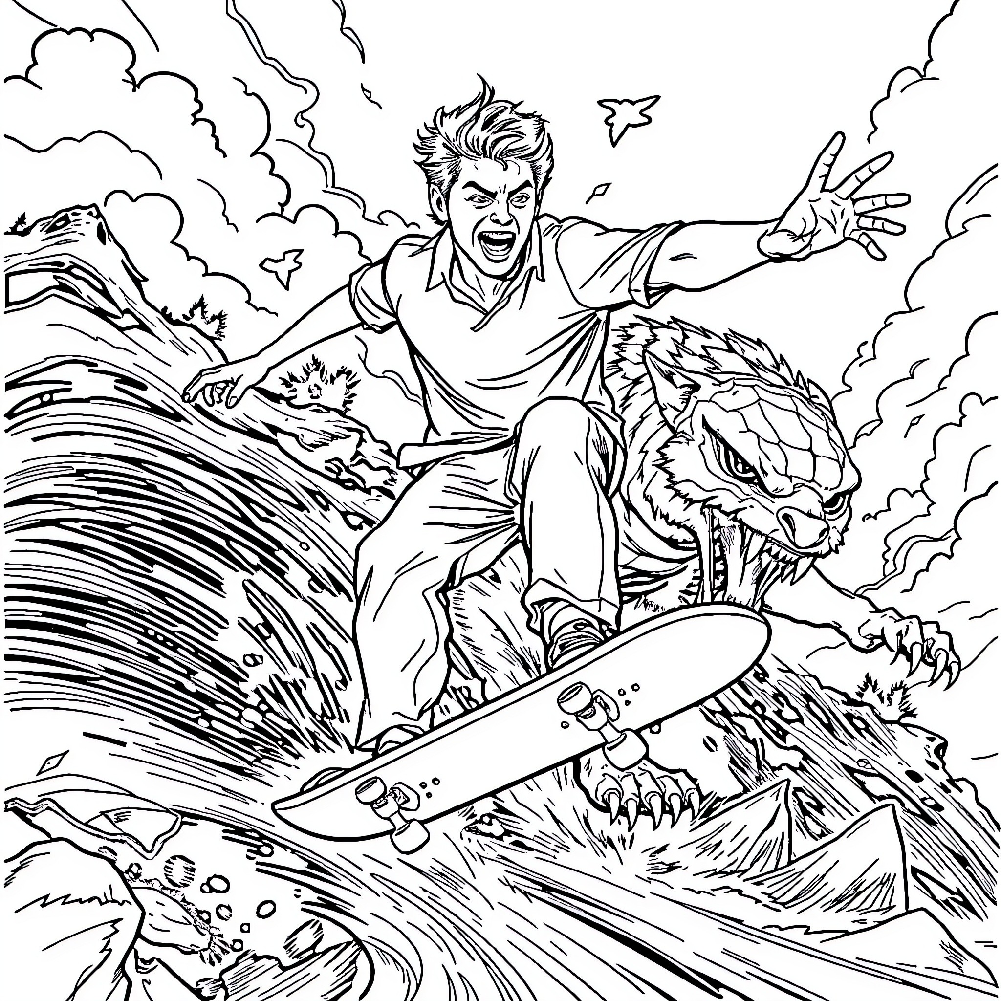Chris Hansen pursues a skateboarder through a wild landscape Coloring Page (free black-and-white line drawing printable PDF for all, from beginners to advanced learners, including children, teens, adults, and seniors)
