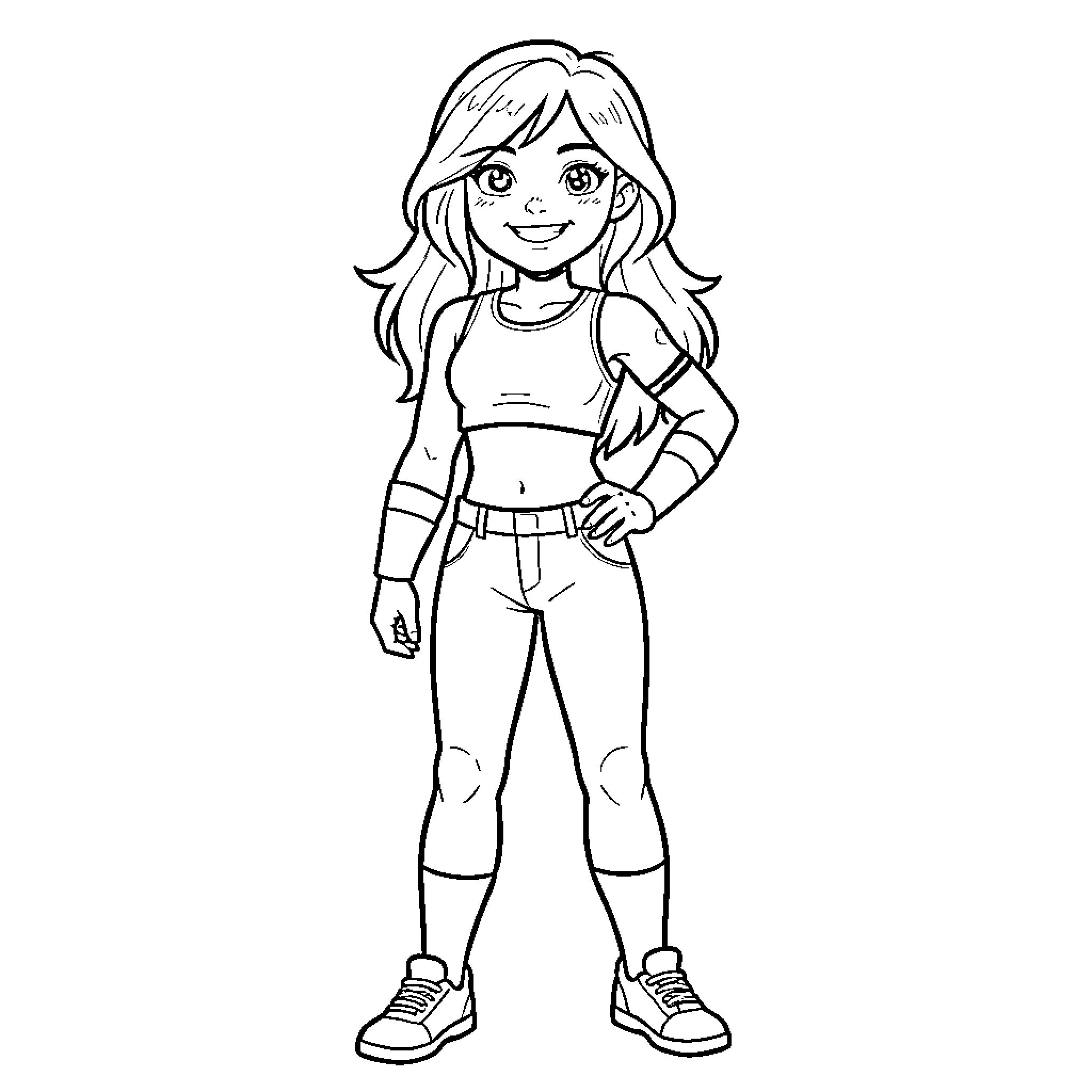 Jazlea smiling girl posing in athletic outfit Coloring Page (free black-and-white line drawing printable PDF for all, from beginners to advanced learners, including children, teens, adults, and seniors)