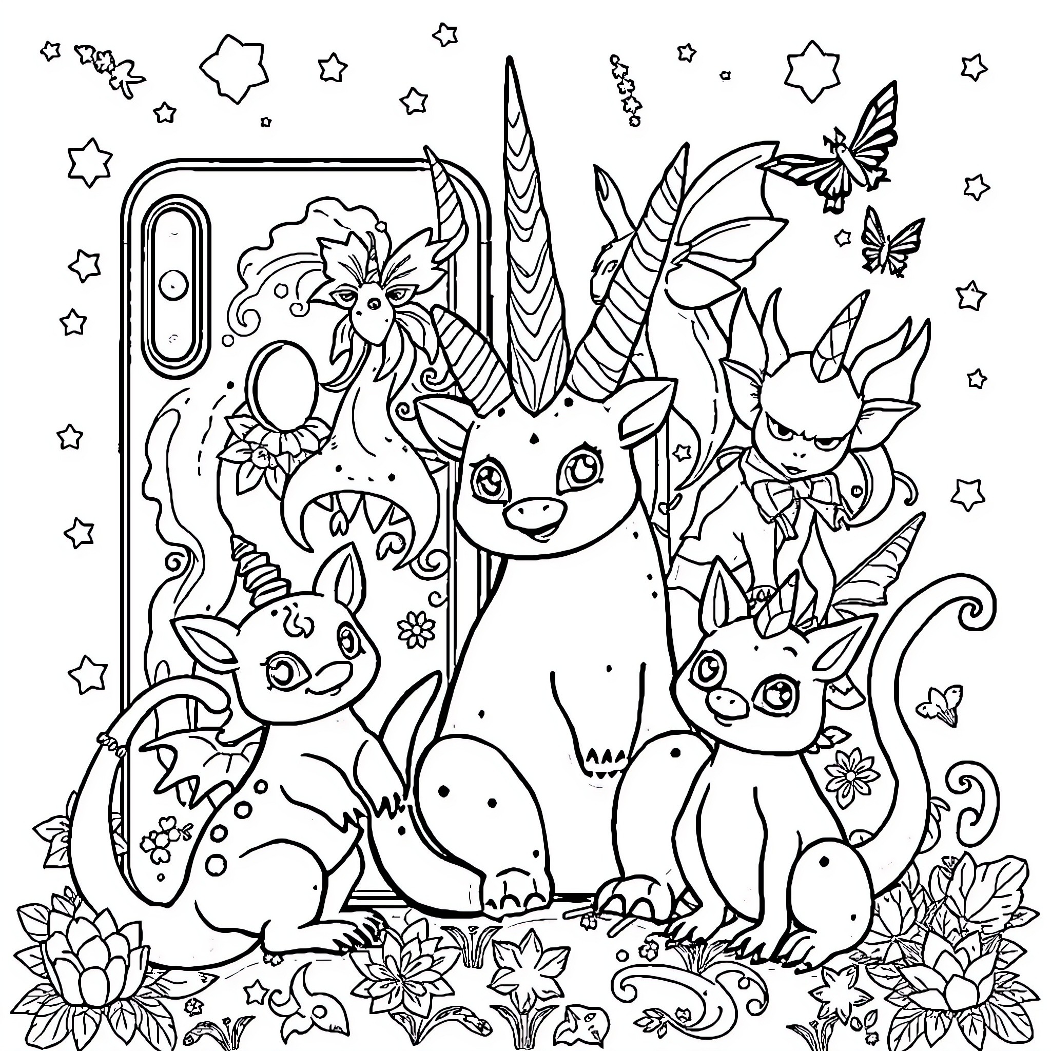Creature surrounded by whimsical fantasy animals Coloring Page (free black-and-white line drawing printable PDF for all, from beginners to advanced learners, including children, teens, adults, and seniors)