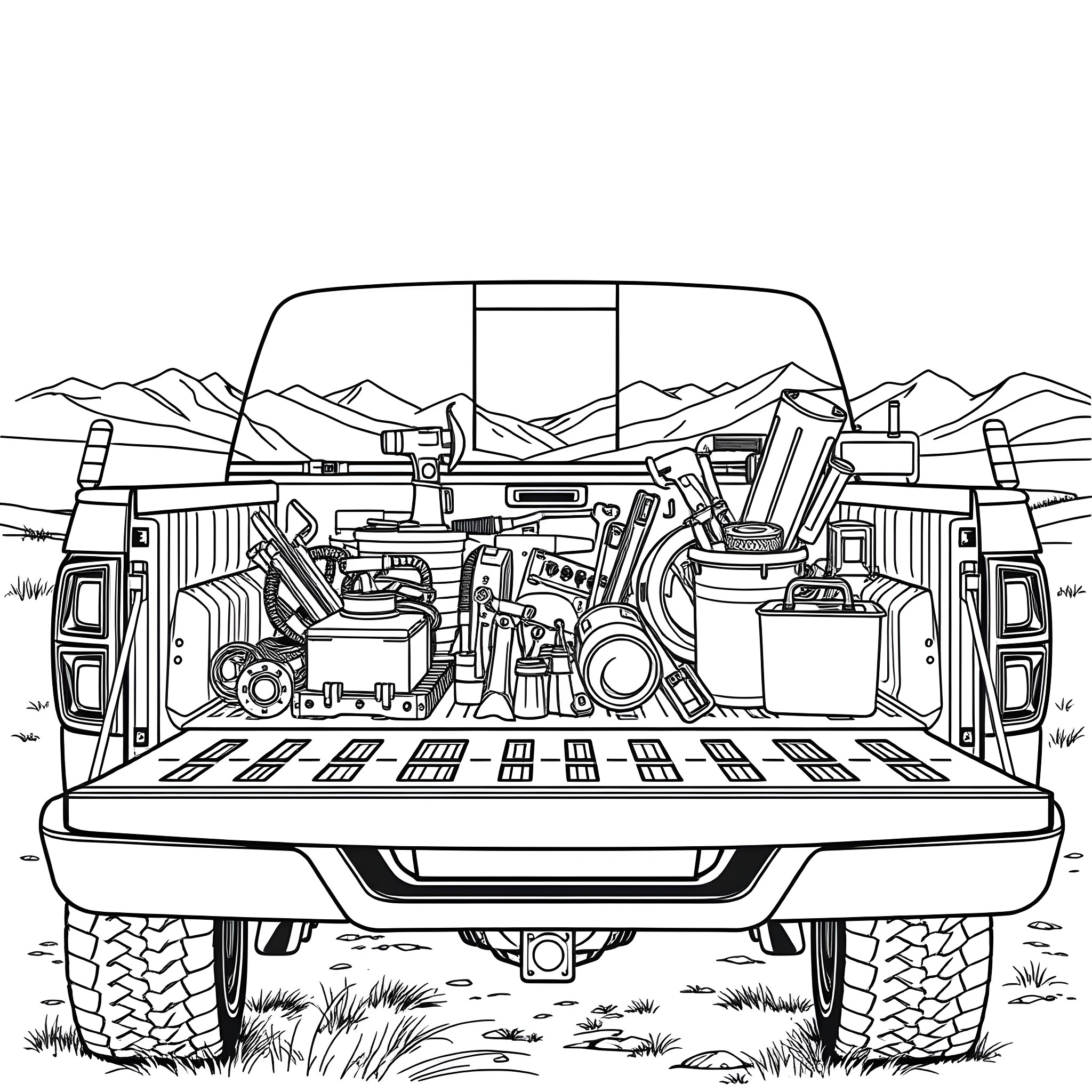 Truck loaded with various tools and equipment Coloring Page (free black-and-white line drawing printable PDF for all, from beginners to advanced learners, including children, teens, adults, and seniors)
