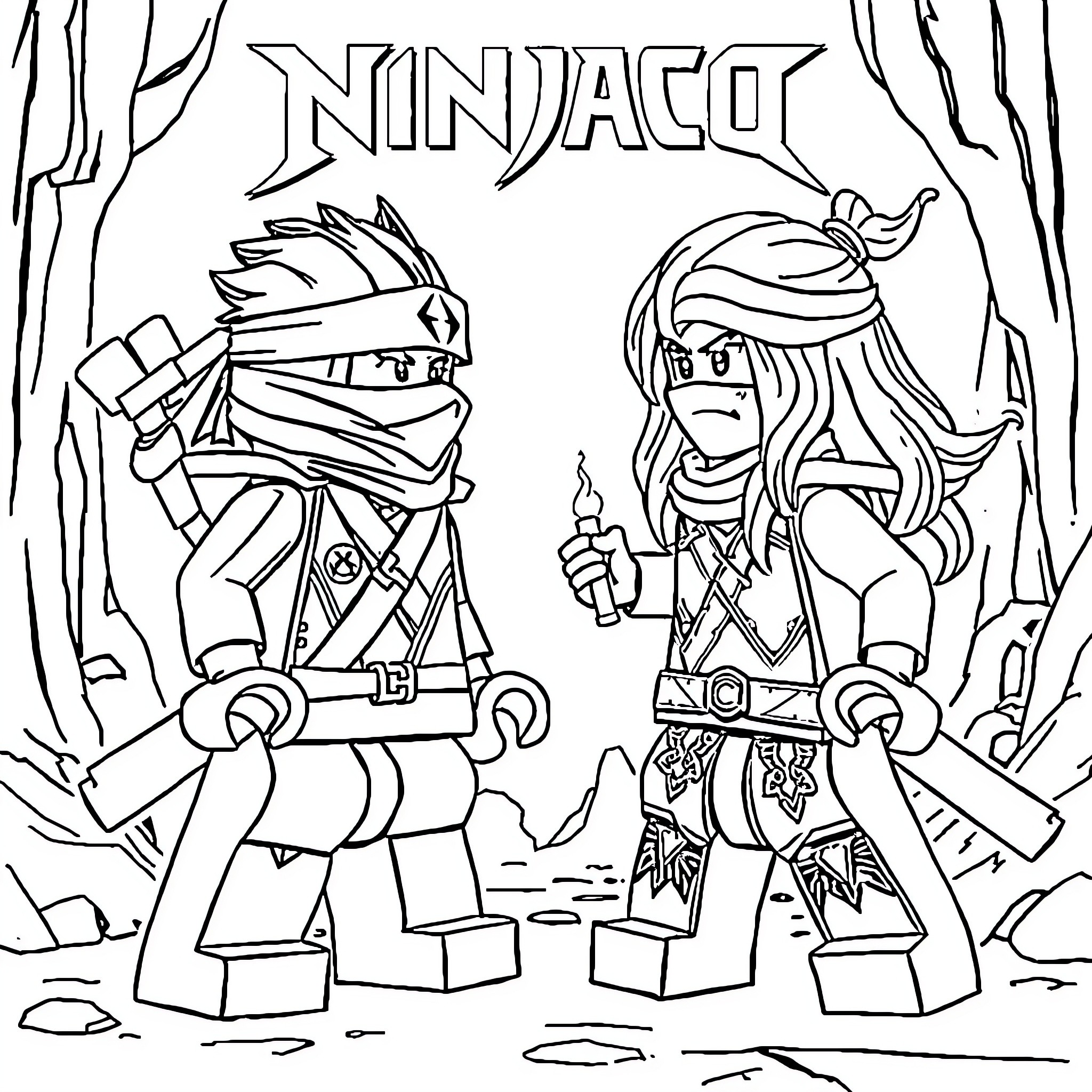 Ninjago warriors in action Coloring Page (free black-and-white line drawing printable PDF for all, from beginners to advanced learners, including children, teens, adults, and seniors)